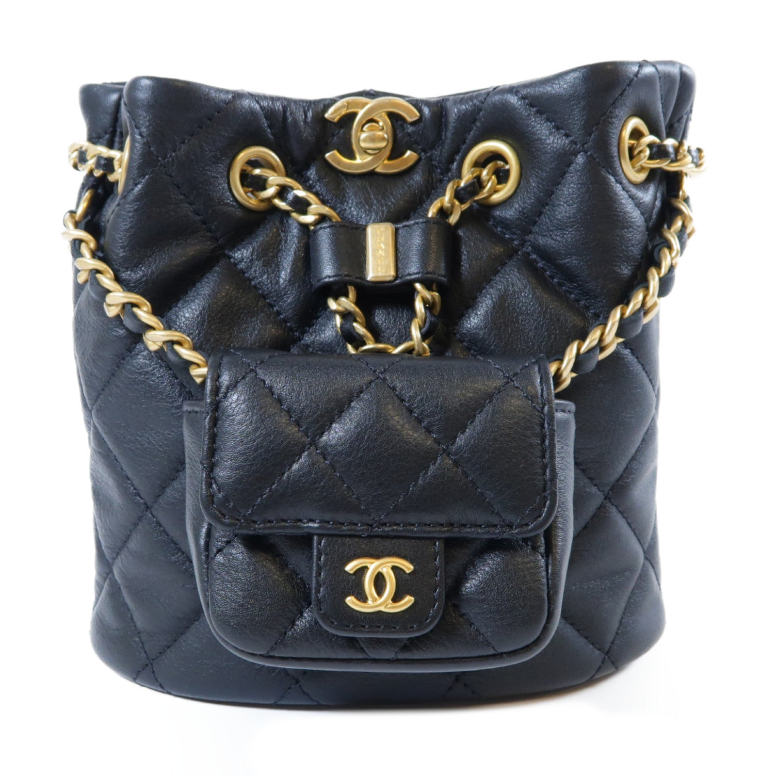 CHANEL 菱格皮革Mini Backpack金扣鏈帶背包黑色