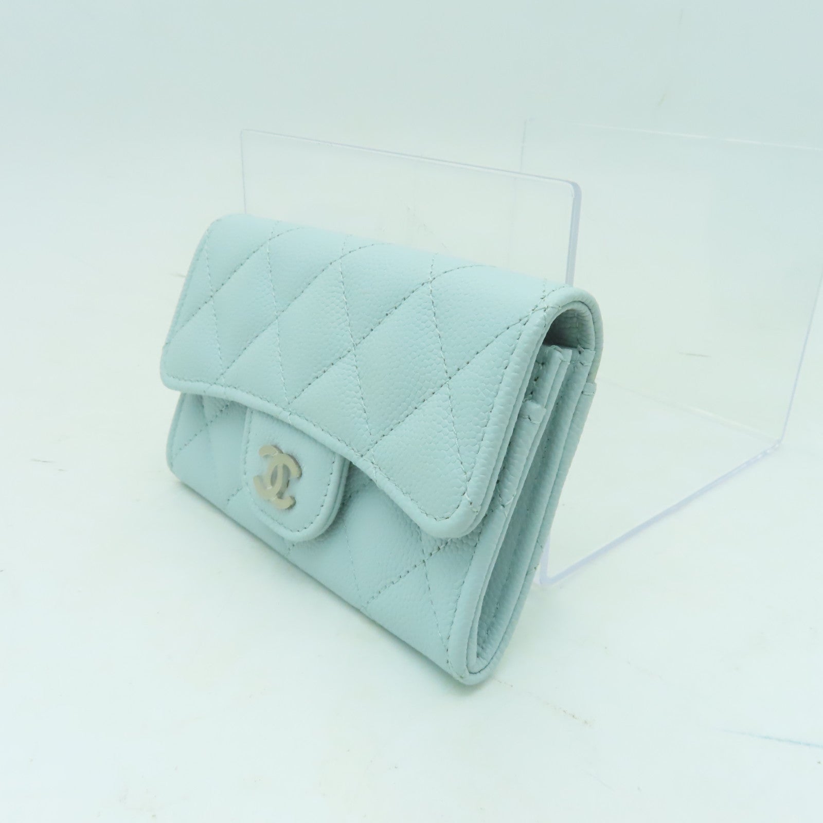 CHANEL 菱格Caviar皮革Classic Flap Card Holder銀扣卡片套淺藍色