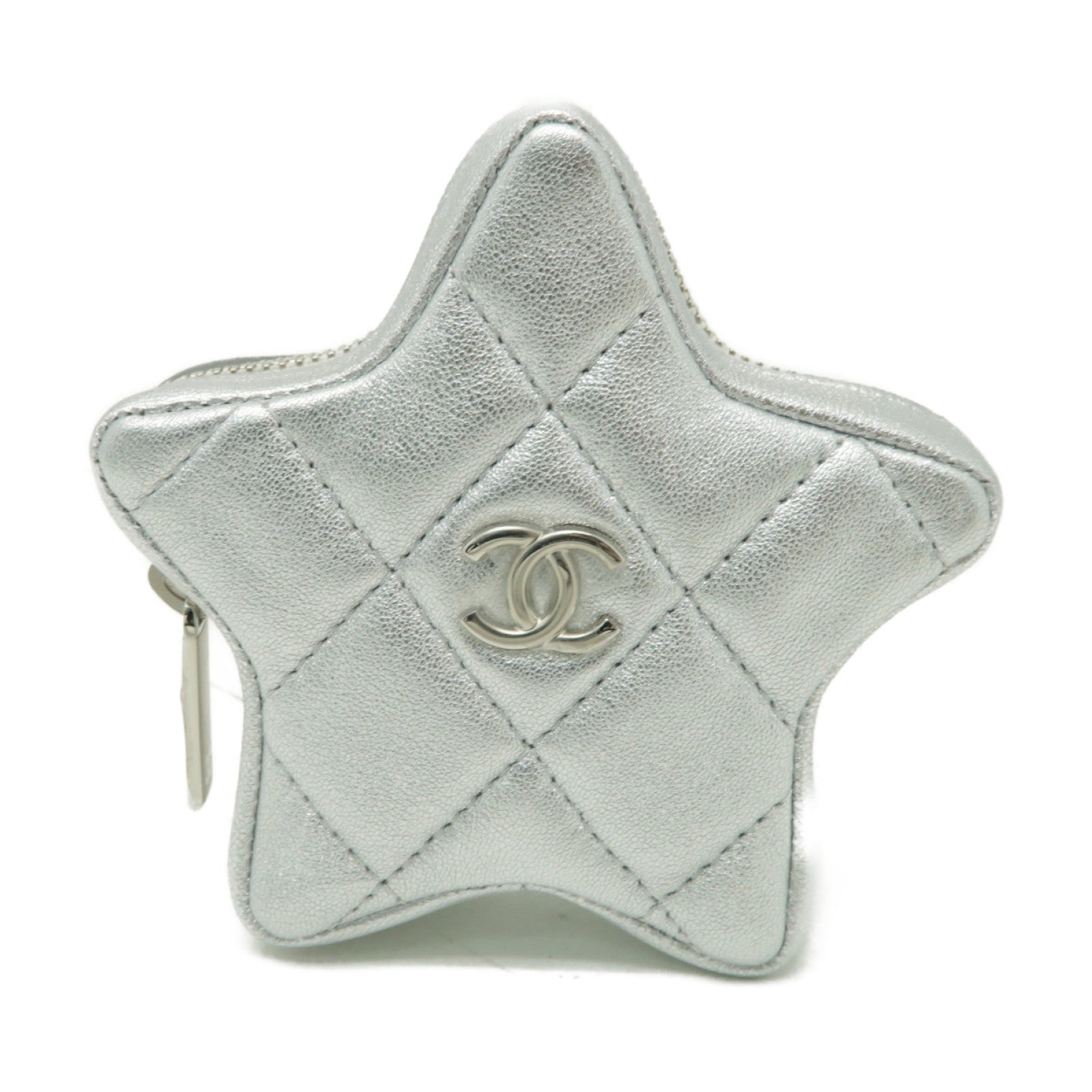 CHANEL 菱格羊皮皮革Coin Case銀扣零錢包銀色