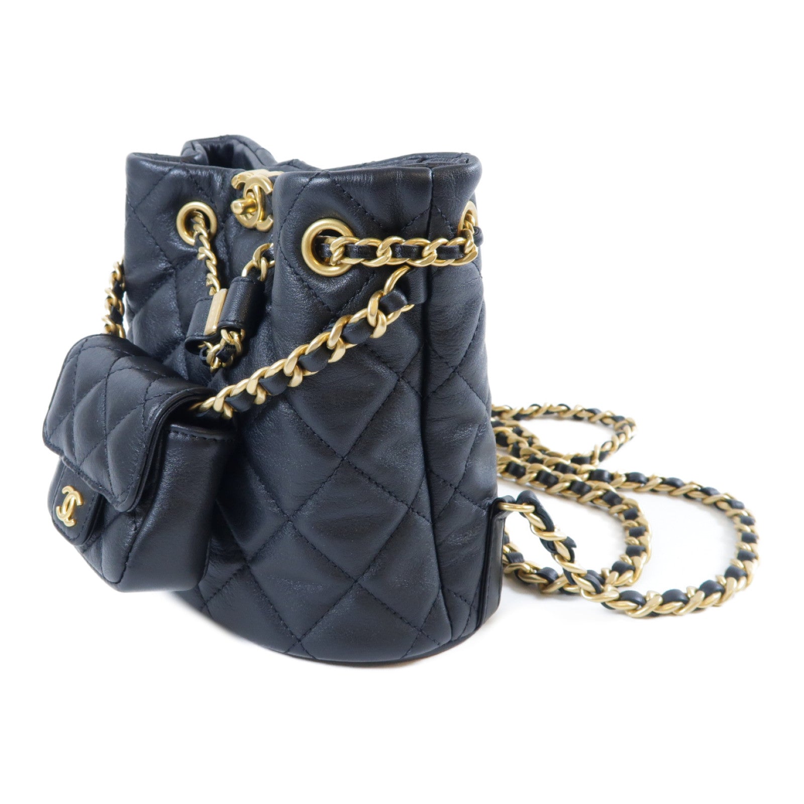 CHANEL 菱格皮革Mini Backpack金扣鏈帶背包黑色