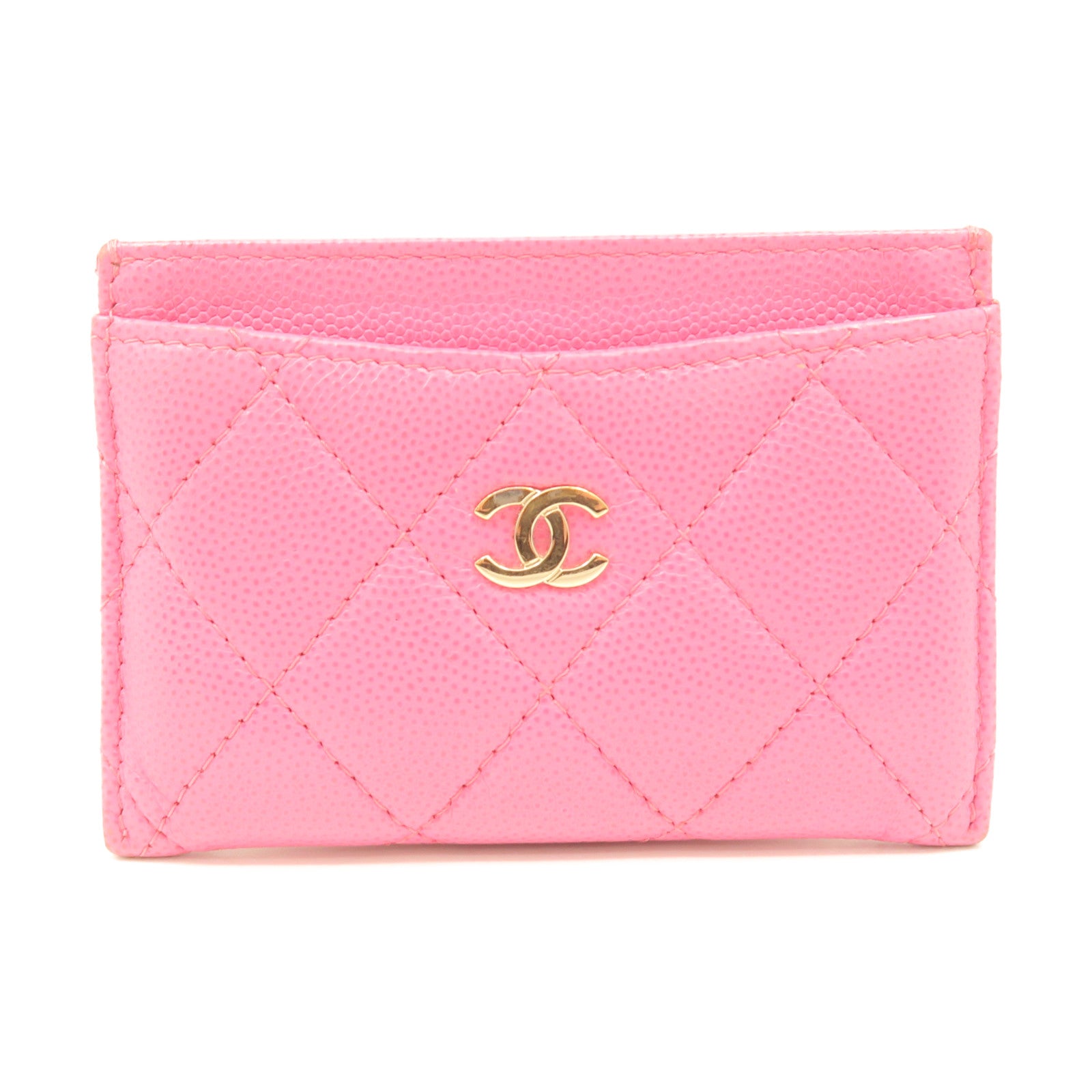 CHANEL rhombic cowhide leather Card Case gold buckle card holder pink