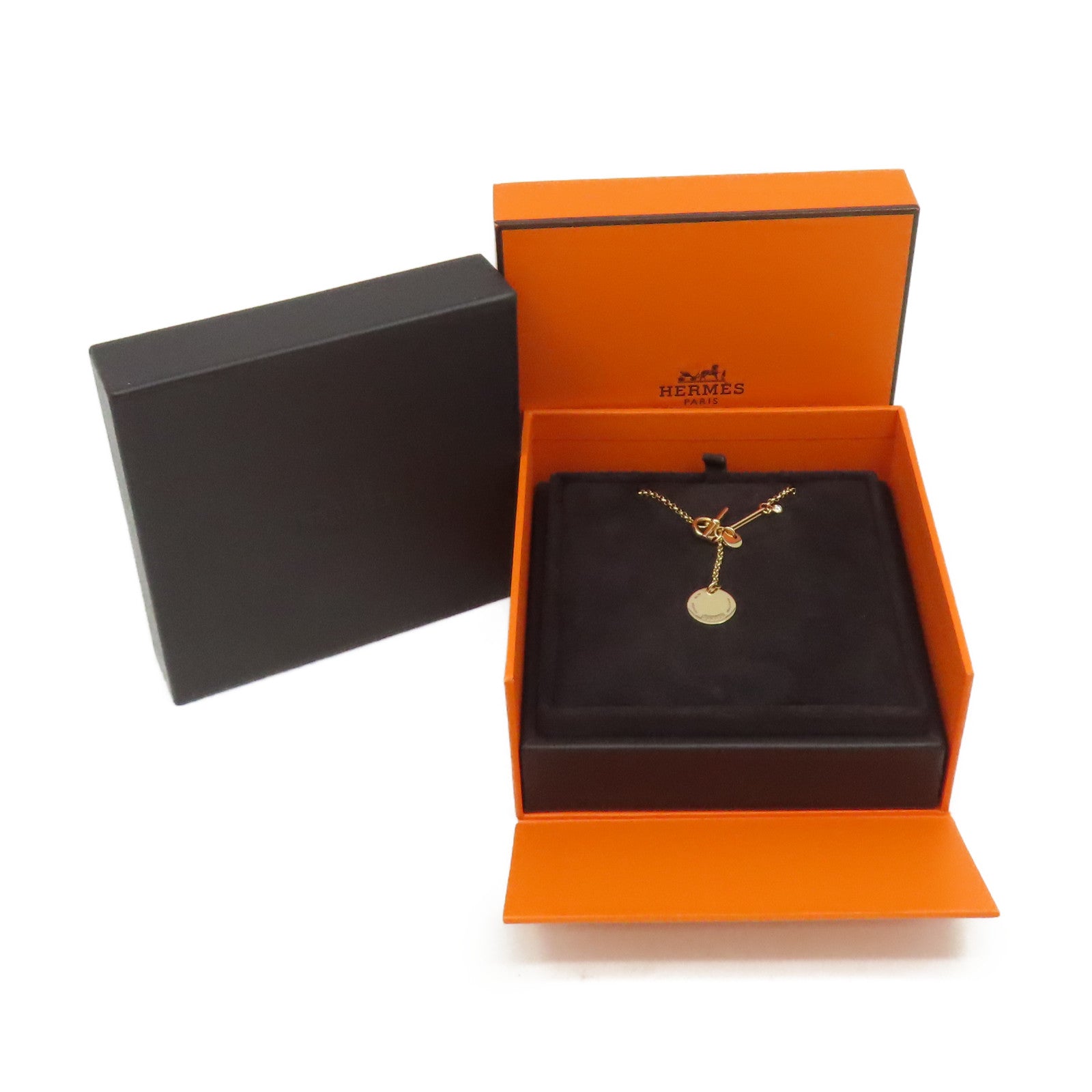 HERMES 18K玫瑰金/0.04ct鑽石Ex-Libris Pendant Necklace項鏈金色