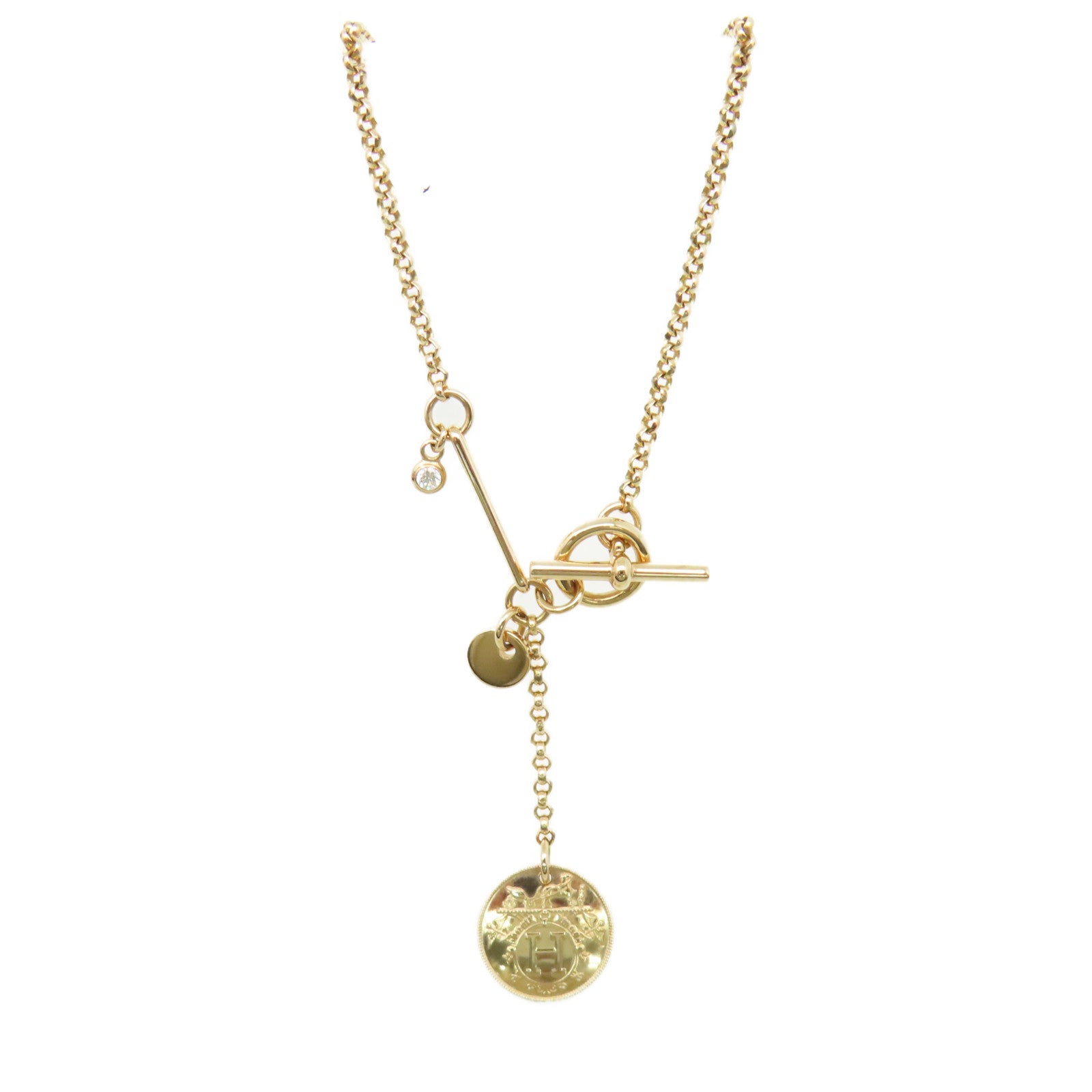 HERMES 18K玫瑰金/0.04ct鑽石Ex-Libris Pendant Necklace項鏈金色