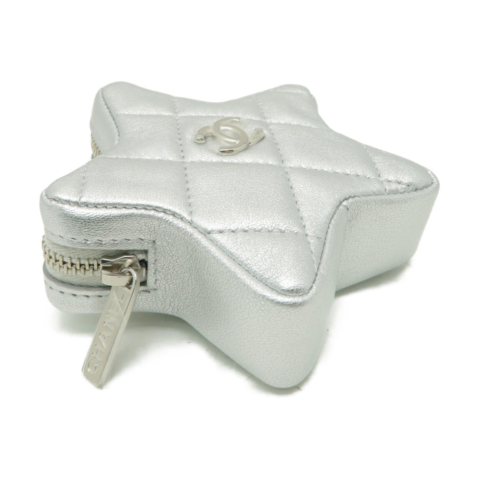 CHANEL 菱格羊皮皮革Coin Case銀扣零錢包銀色