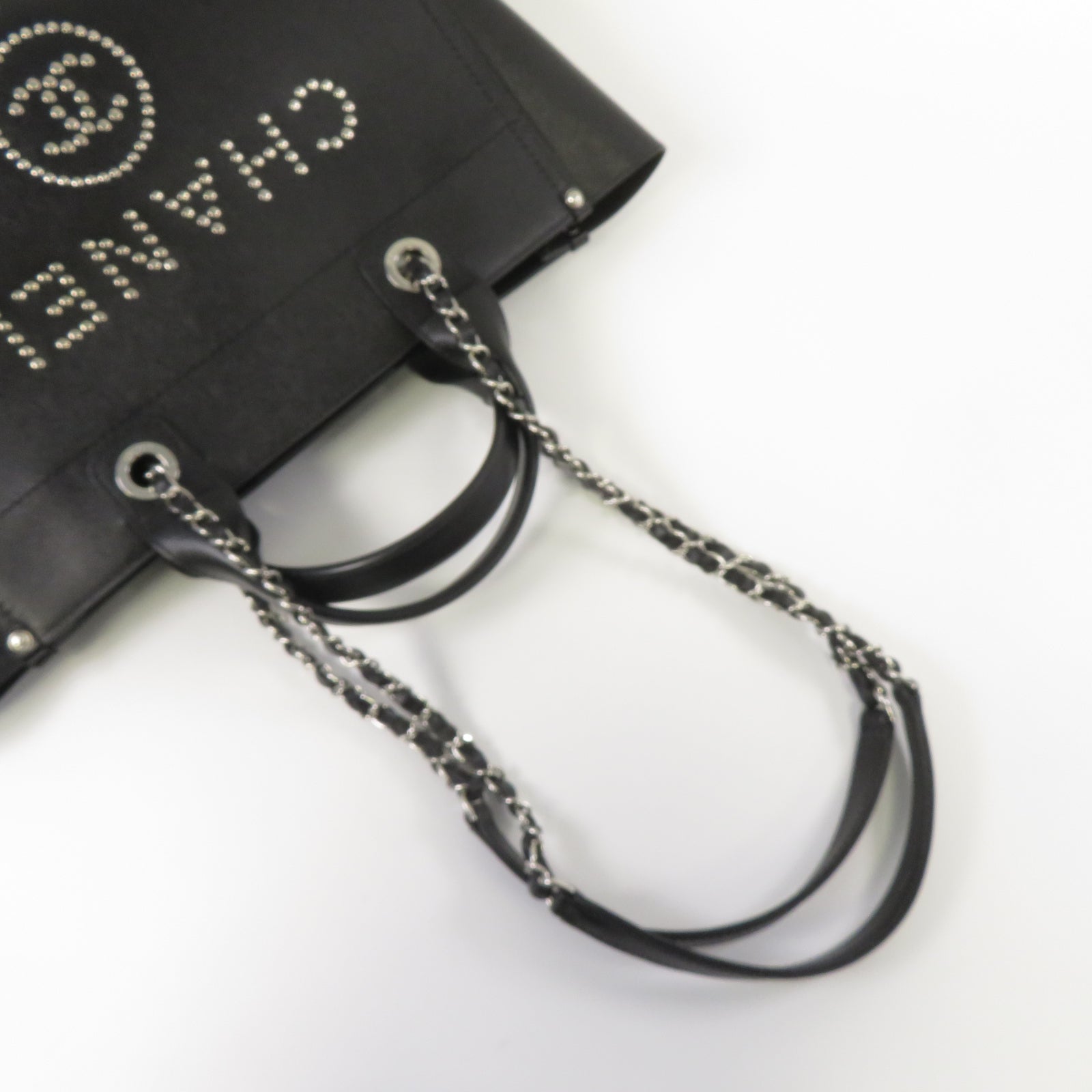CHANEL 牛皮皮革Deauville銀扣鏈帶手挽肩背兩用袋黑色