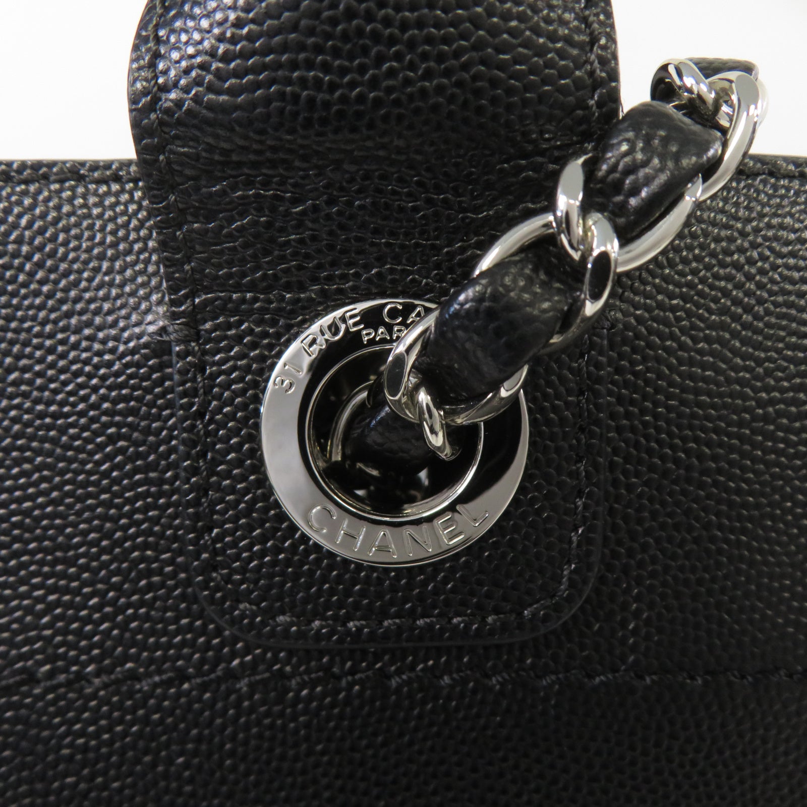 CHANEL 牛皮皮革Deauville銀扣鏈帶手挽肩背兩用袋黑色