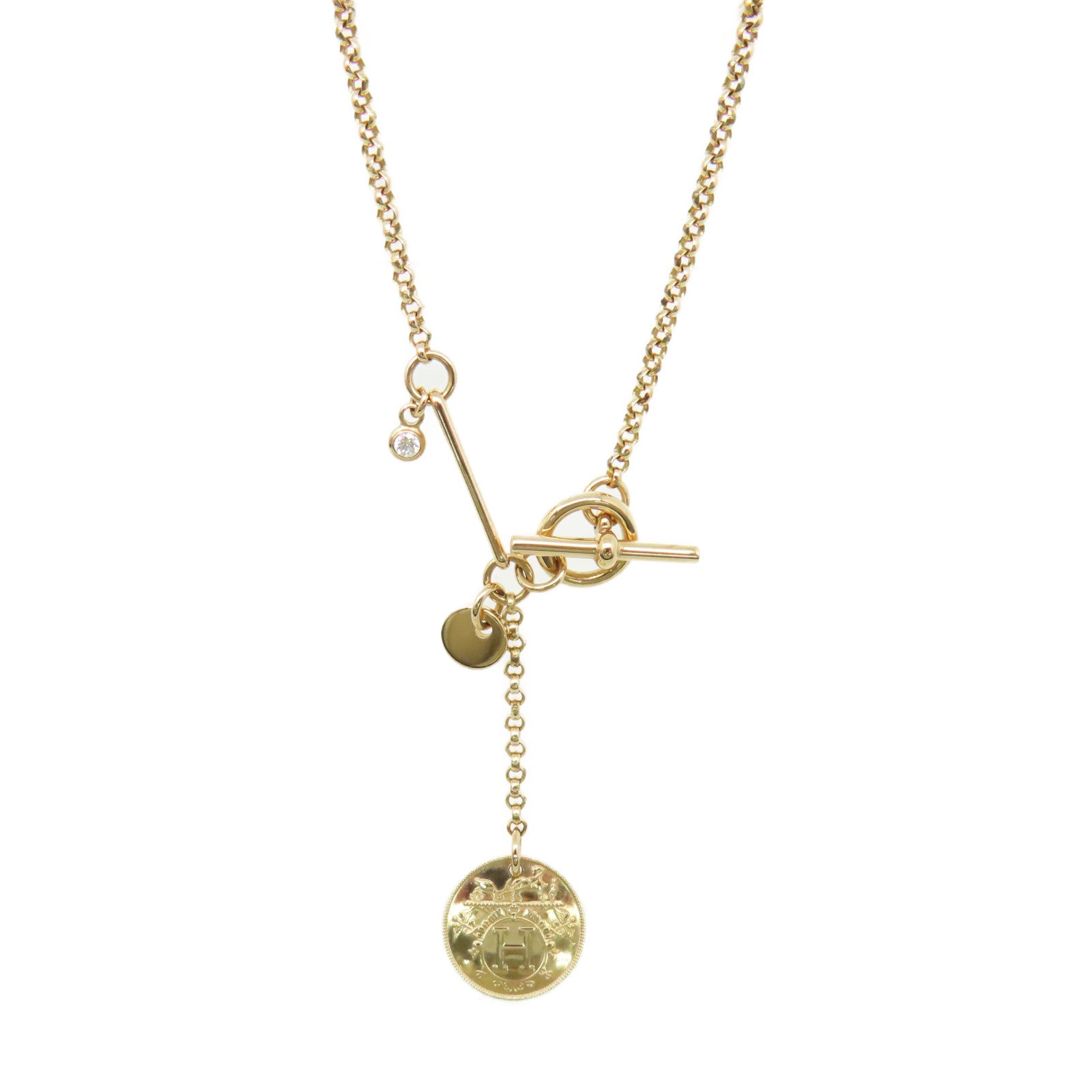 HERMES 18K玫瑰金/0.04ct鑽石Ex-Libris Pendant Necklace項鏈金色