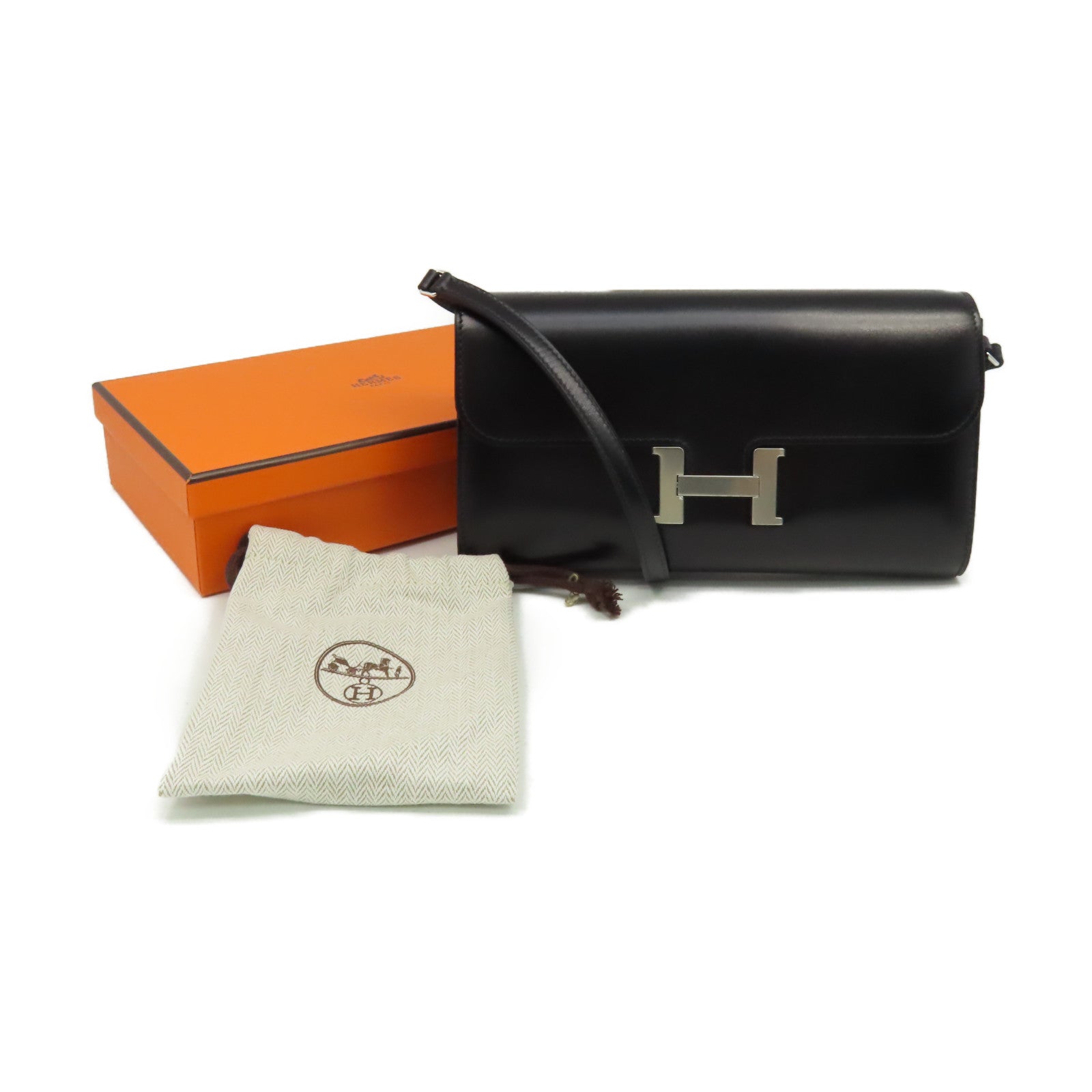 HERMES Box Calf皮革Constance To Go Clutch Shoulder Bag銀扣手拿肩背兩用袋Noir黑色