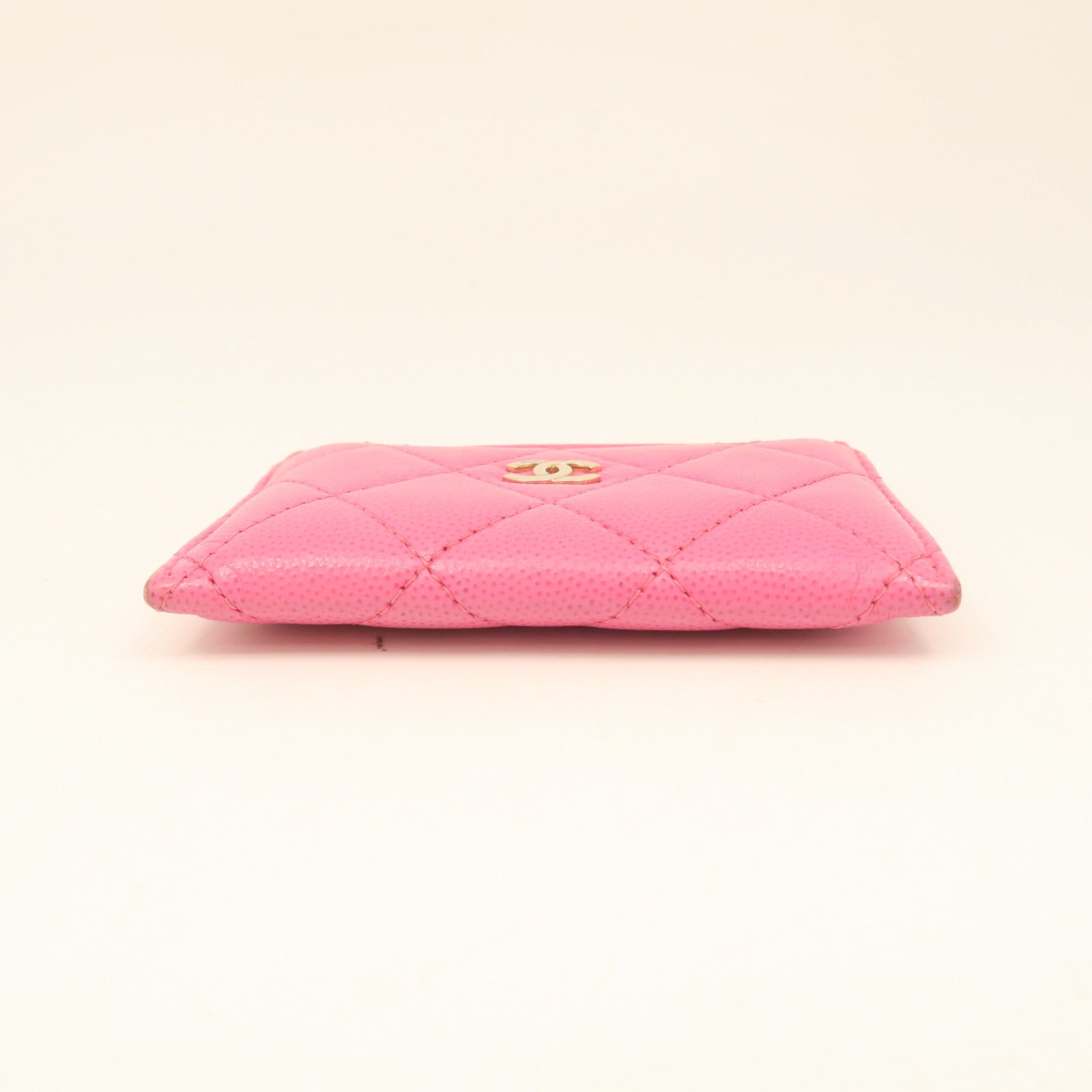 CHANEL rhombic cowhide leather Card Case gold buckle card holder pink