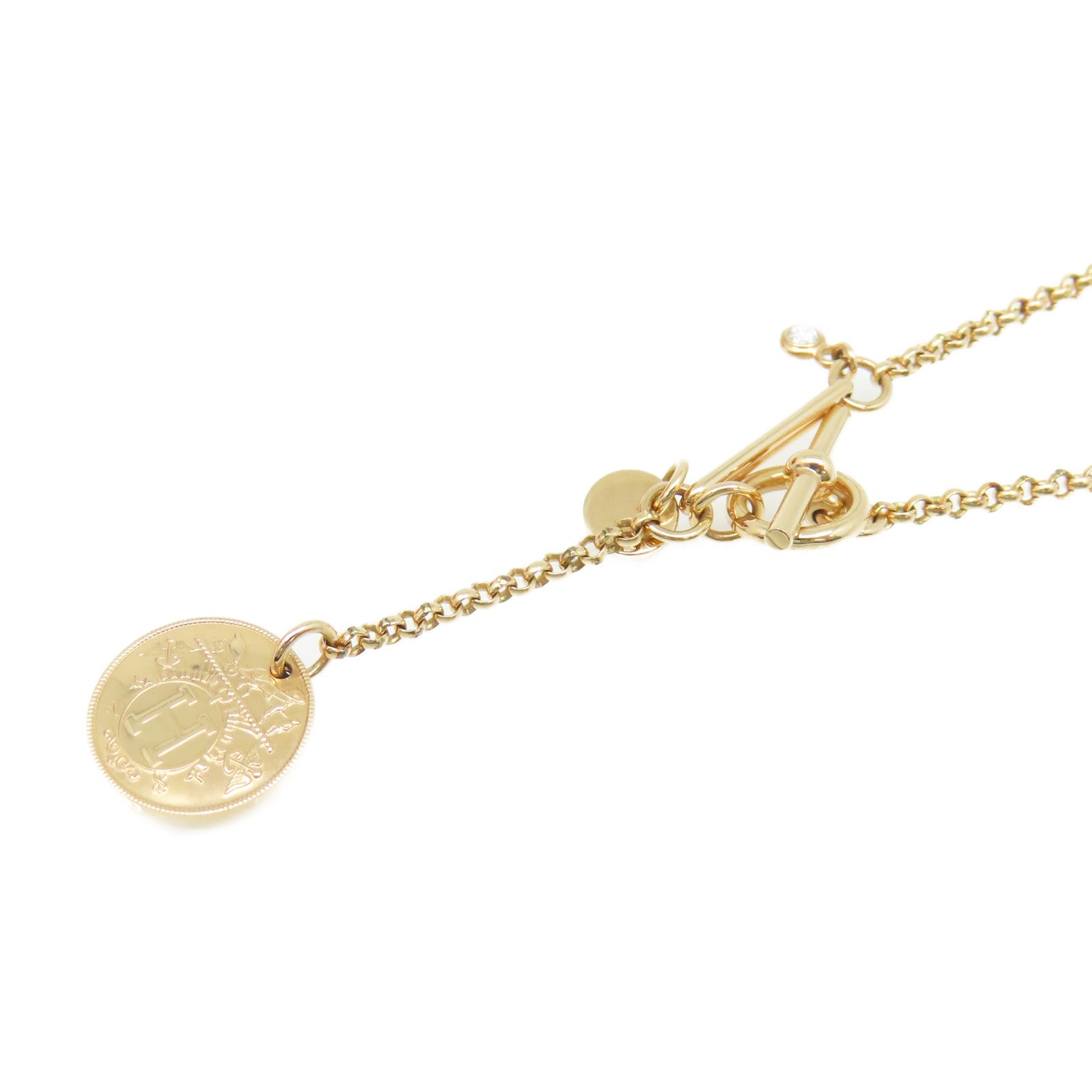HERMES 18K玫瑰金/0.04ct鑽石Ex-Libris Pendant Necklace項鏈金色