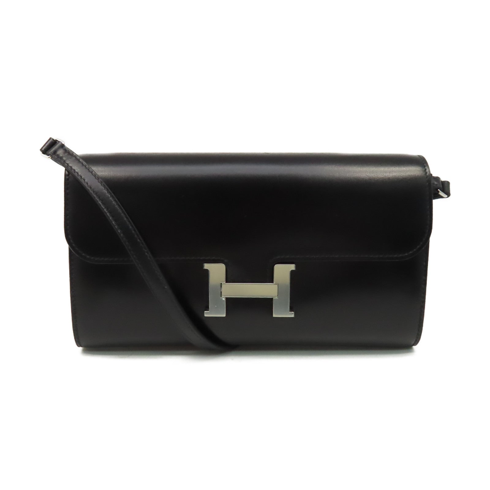 HERMES Box Calf皮革Constance To Go Clutch Shoulder Bag銀扣手拿肩背兩用袋Noir黑色