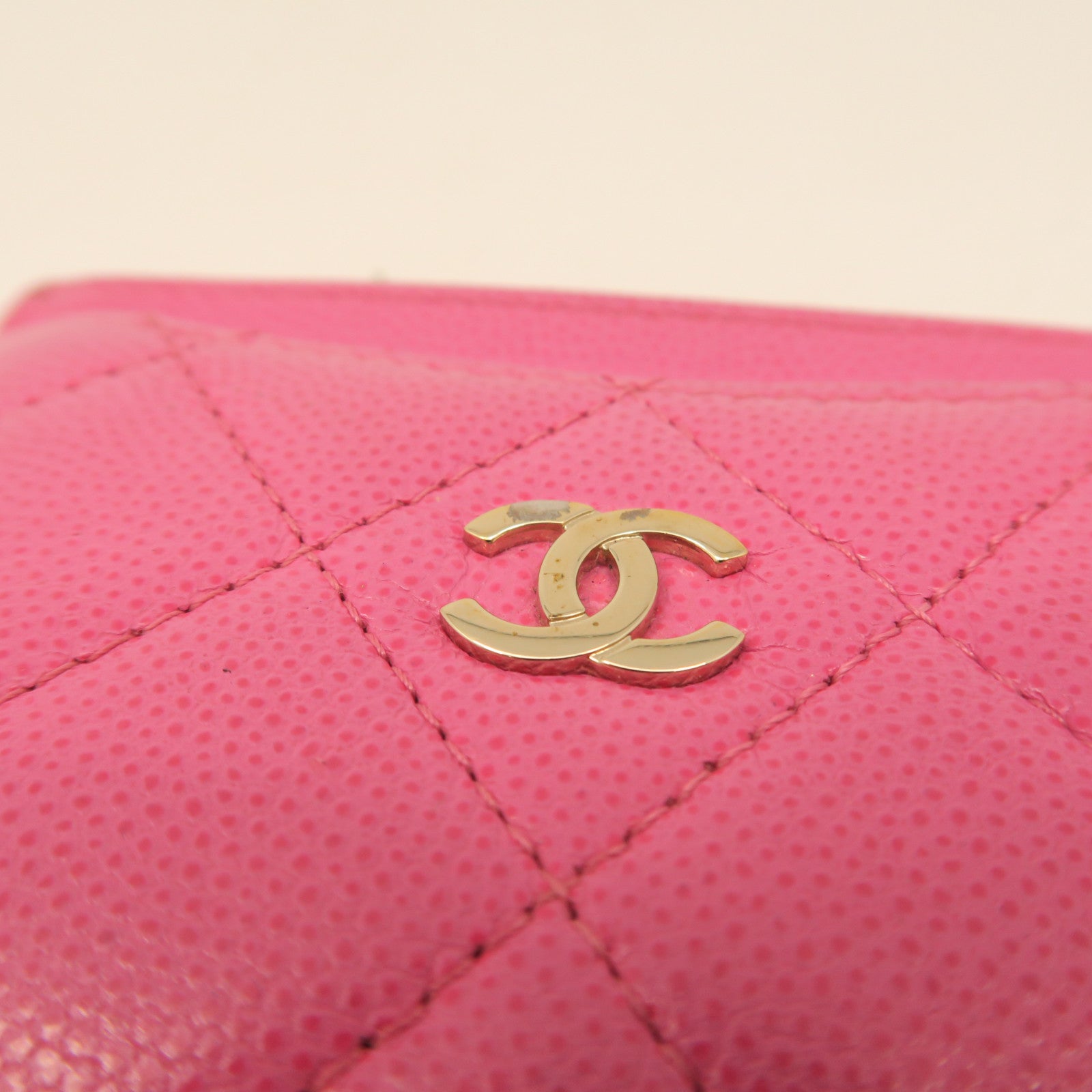 CHANEL rhombic cowhide leather Card Case gold buckle card holder pink
