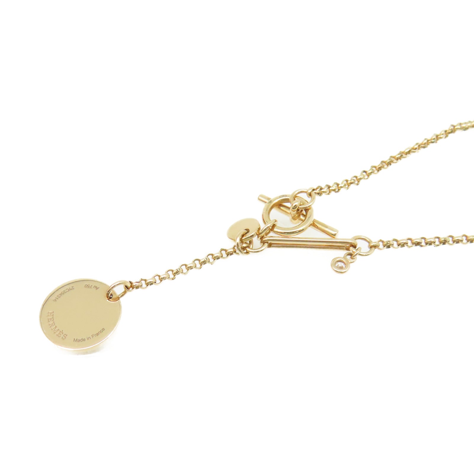 HERMES 18K玫瑰金/0.04ct鑽石Ex-Libris Pendant Necklace項鏈金色