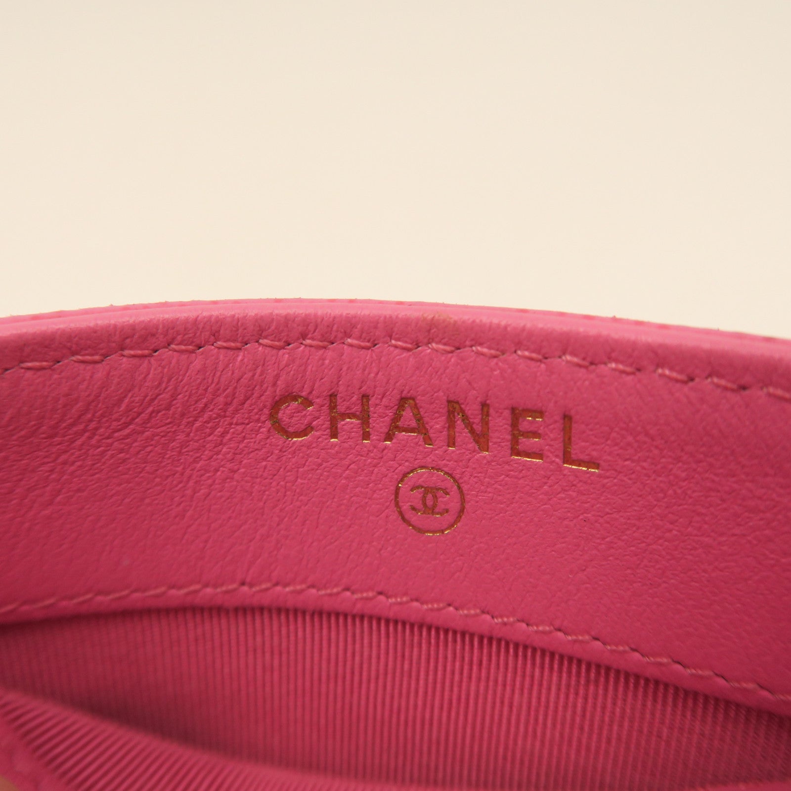 CHANEL rhombic cowhide leather Card Case gold buckle card holder pink