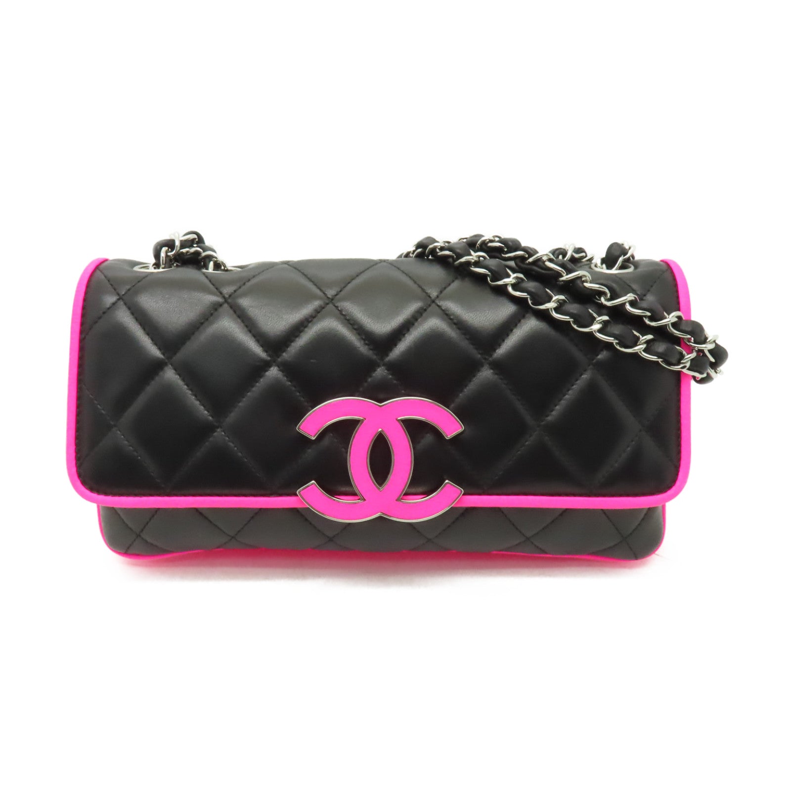CHANEL 菱格皮革Chain Shoulder銀扣鏈帶肩背袋黑色/粉紅色