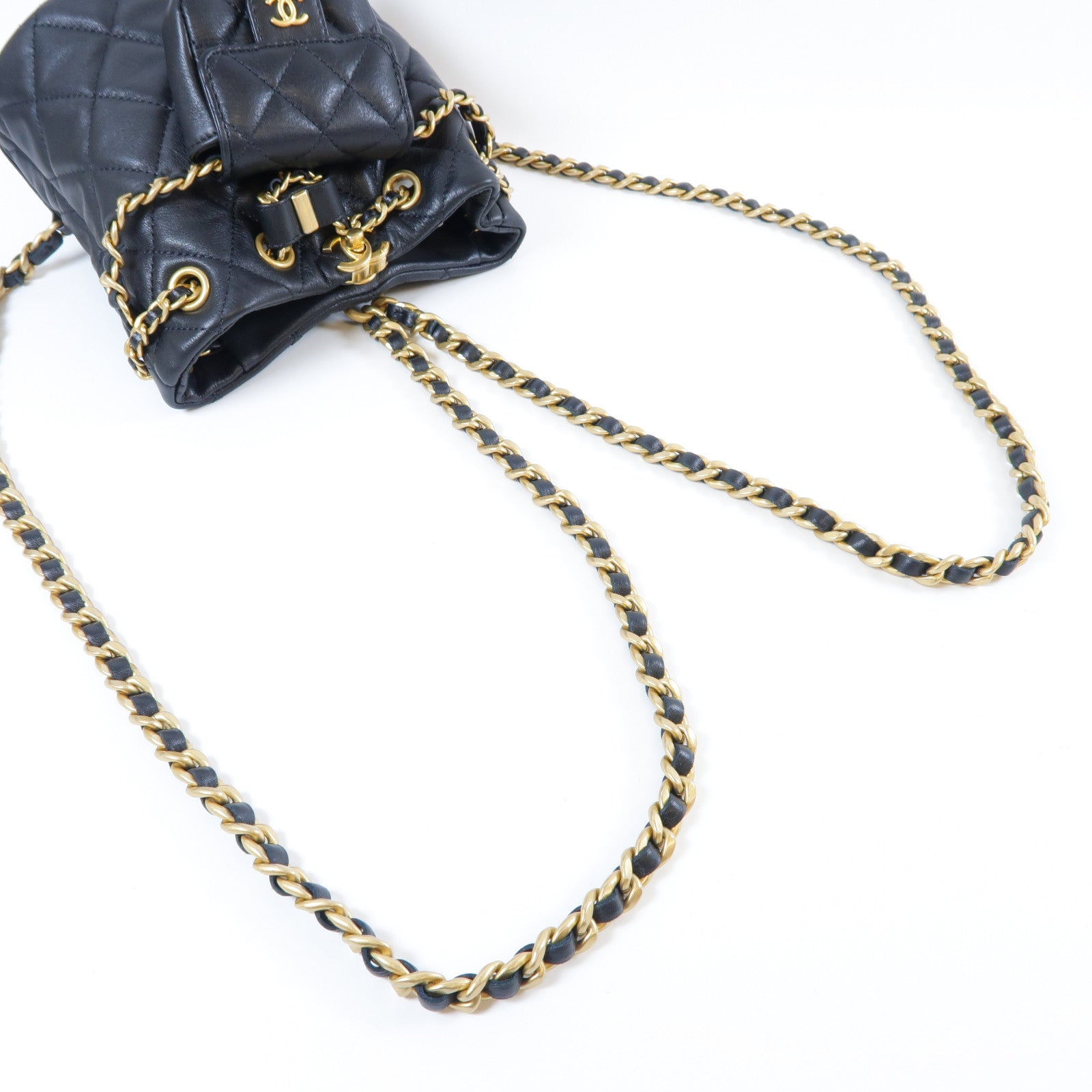 CHANEL 菱格皮革Mini Backpack金扣鏈帶背包黑色