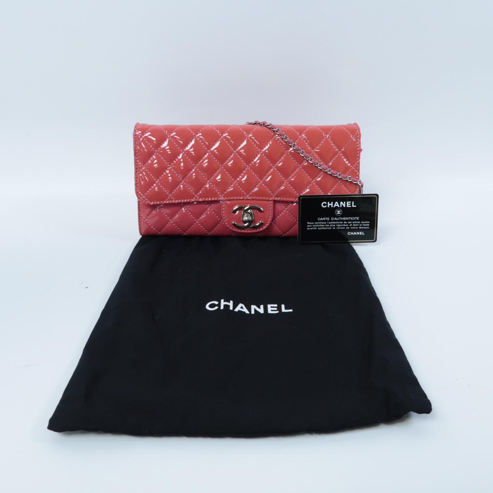 CHANEL 菱格漆皮皮革Chain Shoulder銀扣鏈帶肩背袋粉紅色
