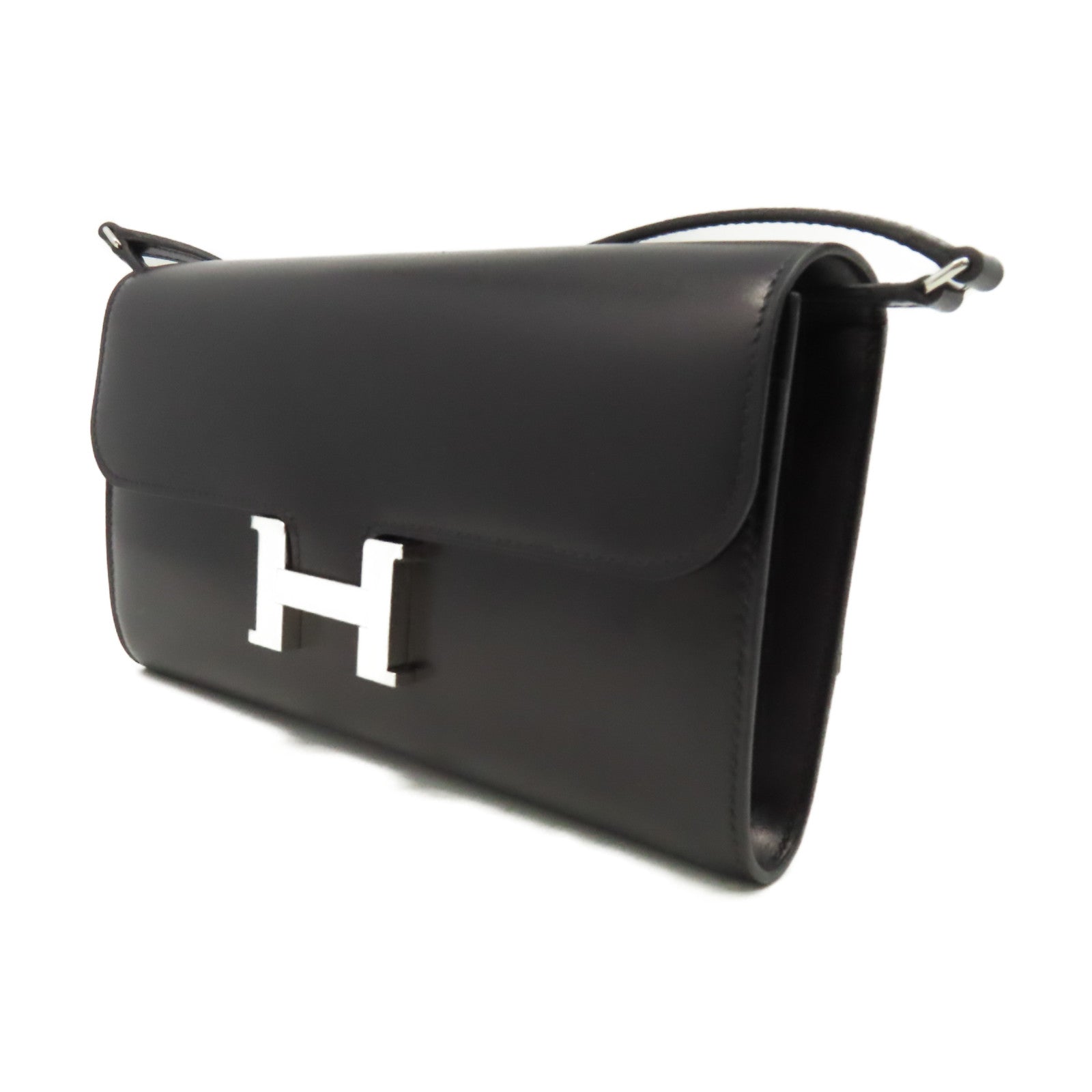 HERMES Box Calf皮革Constance To Go Clutch Shoulder Bag銀扣手拿肩背兩用袋Noir黑色