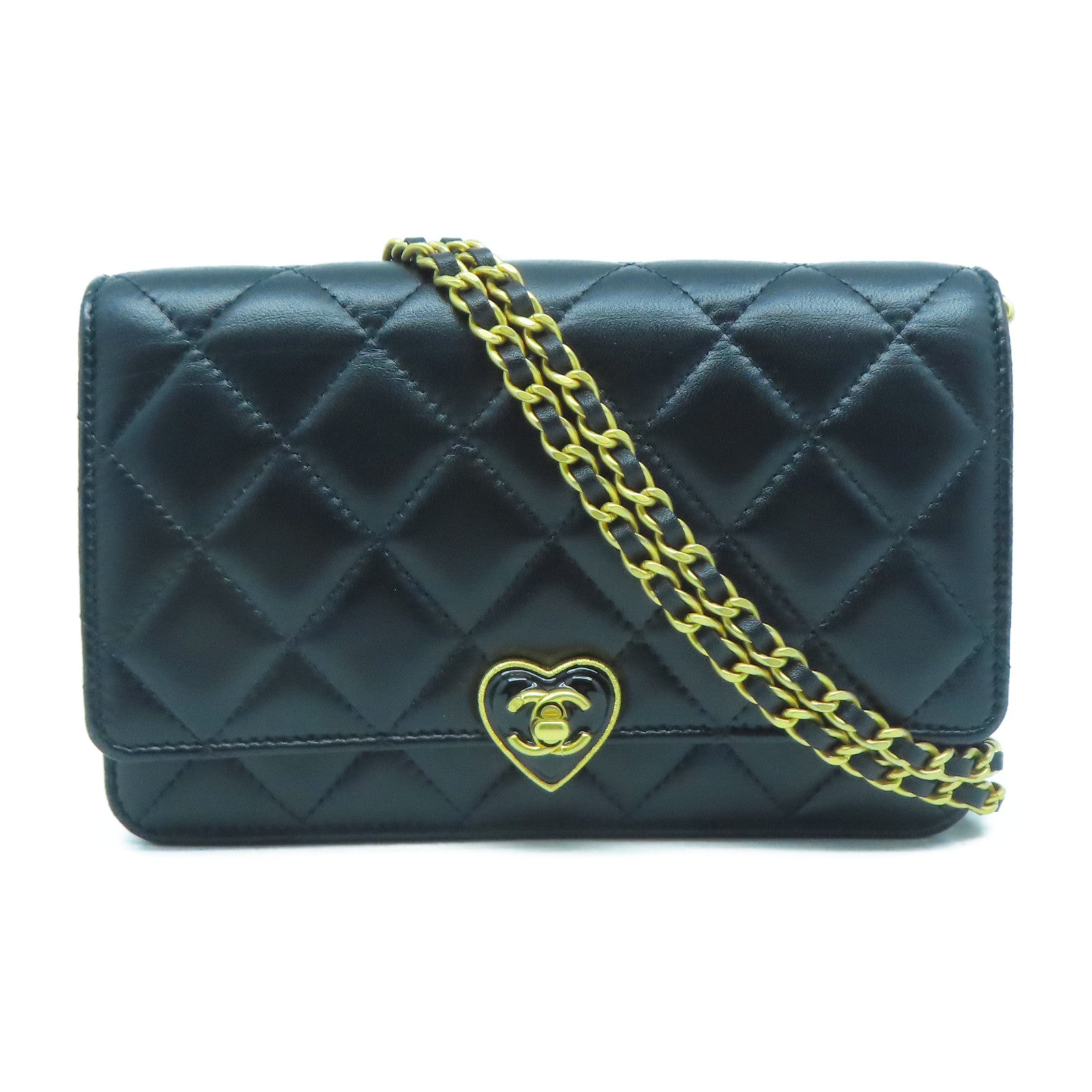 CHANEL 菱格牛皮皮革Wallet On Chain/Heart CC Lock金扣鏈帶肩背袋黑色