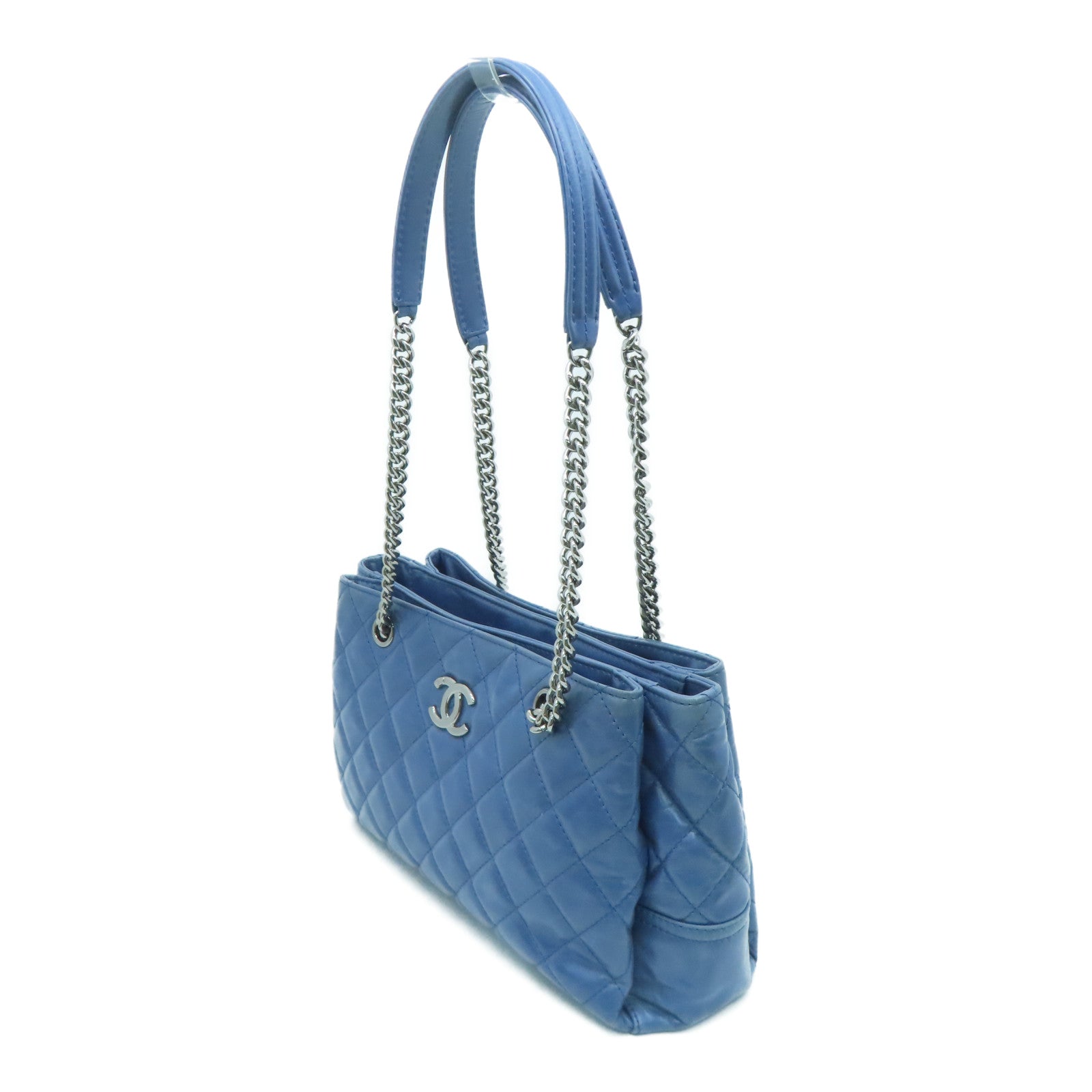 CHANEL 【激減優惠】菱格牛皮皮革Chain Shoulder銀扣肩背袋藍色