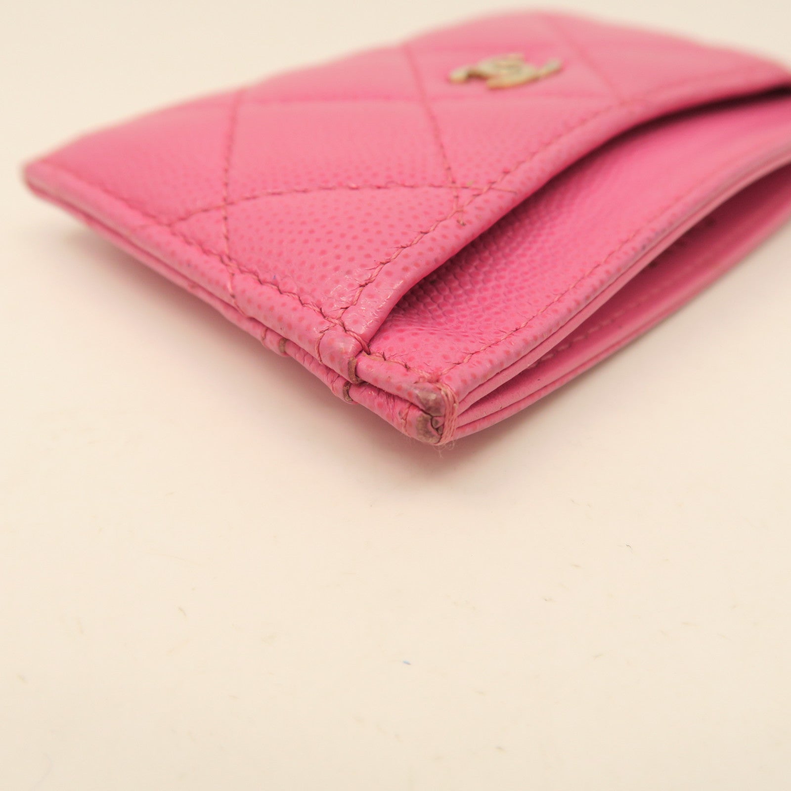 CHANEL rhombic cowhide leather Card Case gold buckle card holder pink