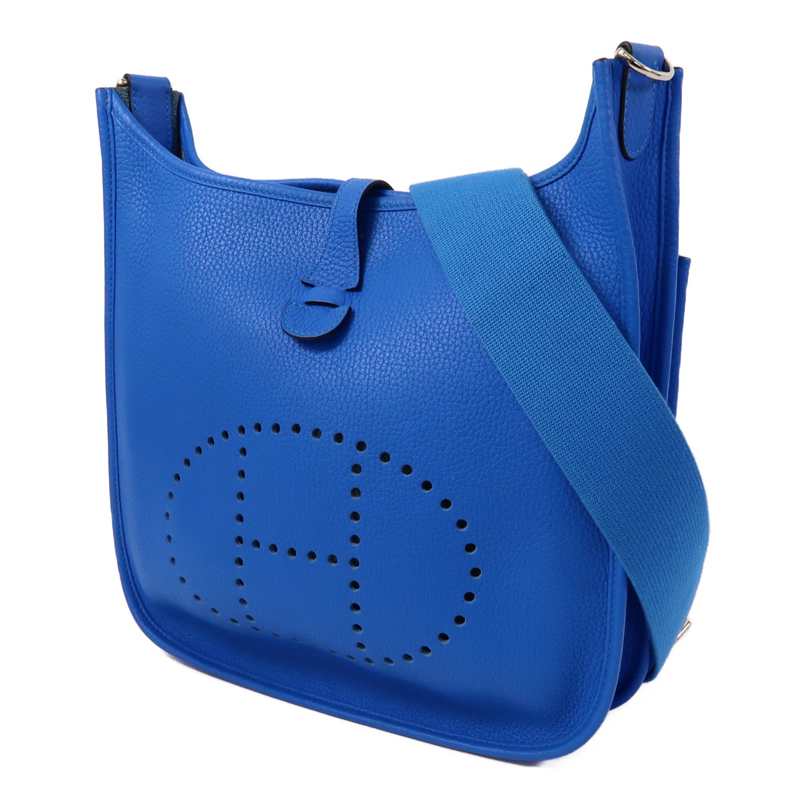 HERMES Clemence皮革Evelyne PM銀扣肩背袋水妖藍色