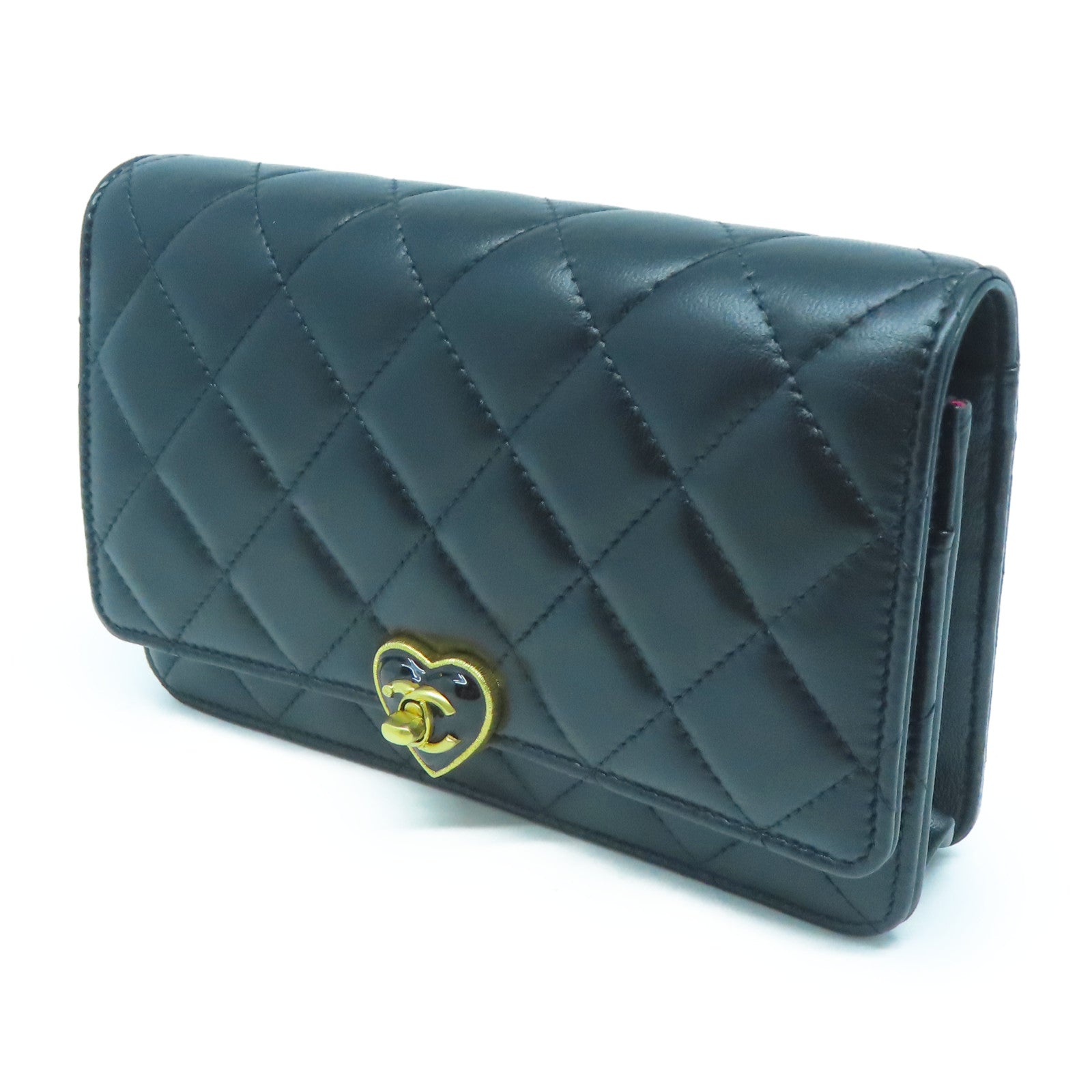 CHANEL 【激減優惠】菱格牛皮皮革Wallet On Chain/Heart CC Lock金扣鏈帶肩背袋黑色