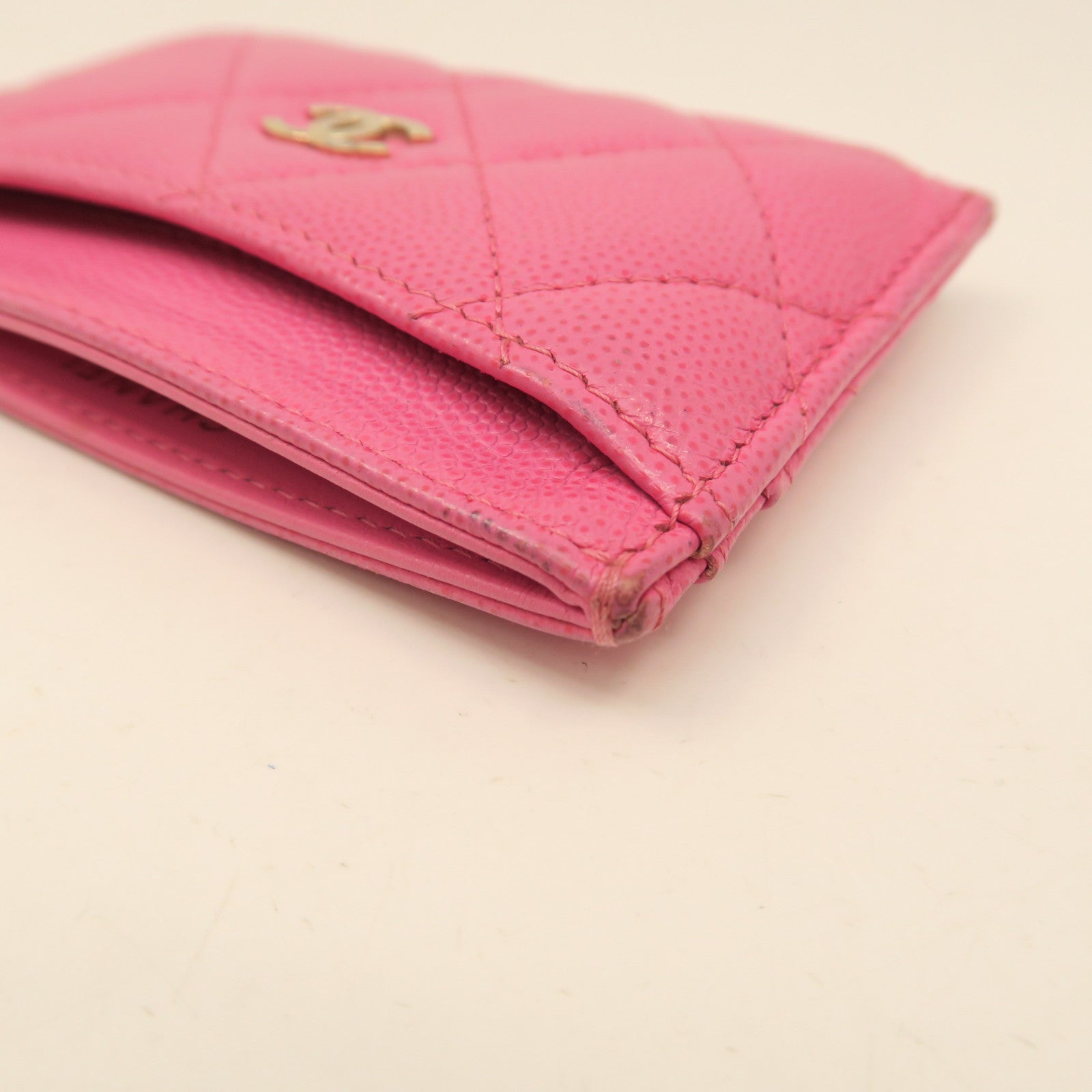 CHANEL rhombic cowhide leather Card Case gold buckle card holder pink