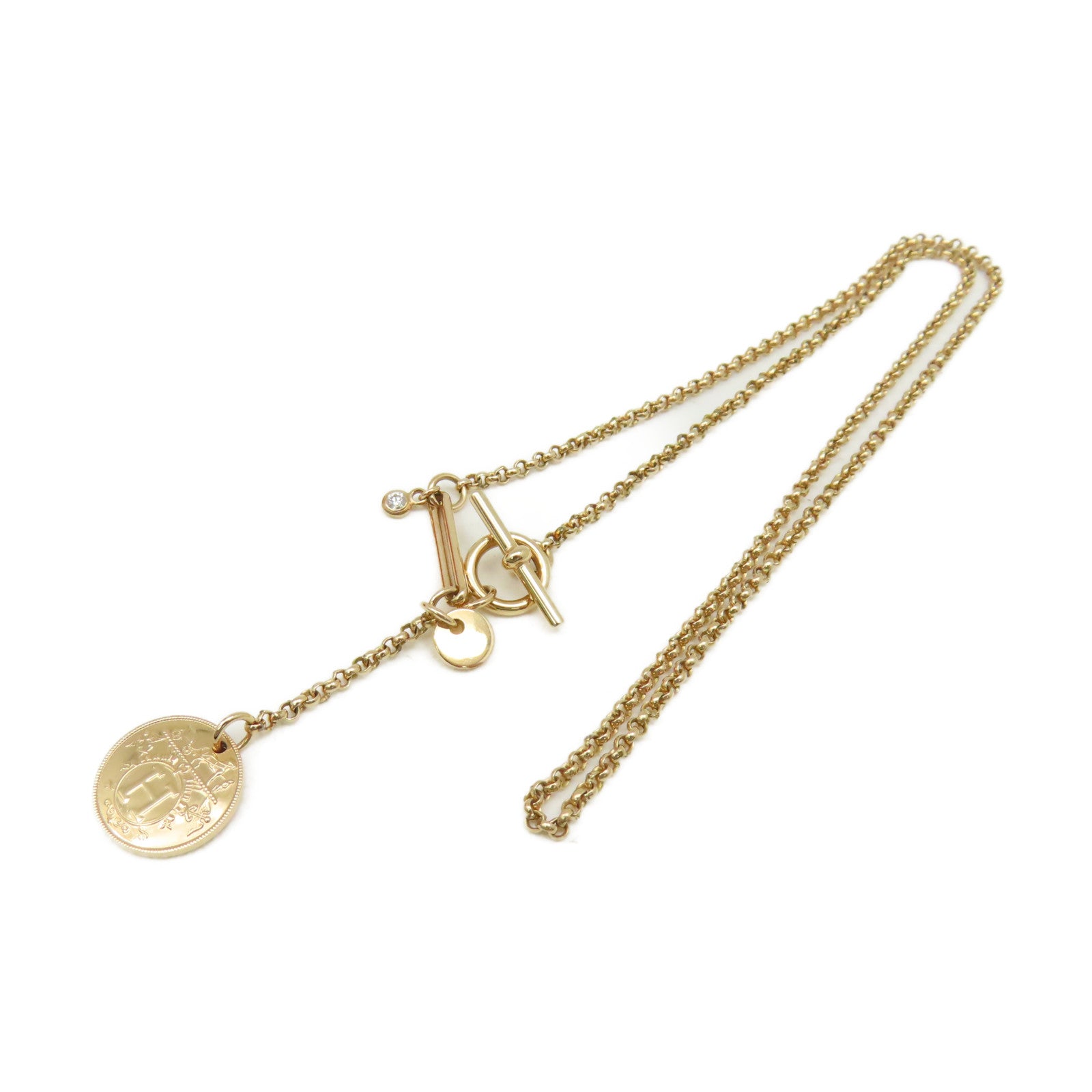 HERMES 18K玫瑰金/0.04ct鑽石Ex-Libris Pendant Necklace項鏈金色