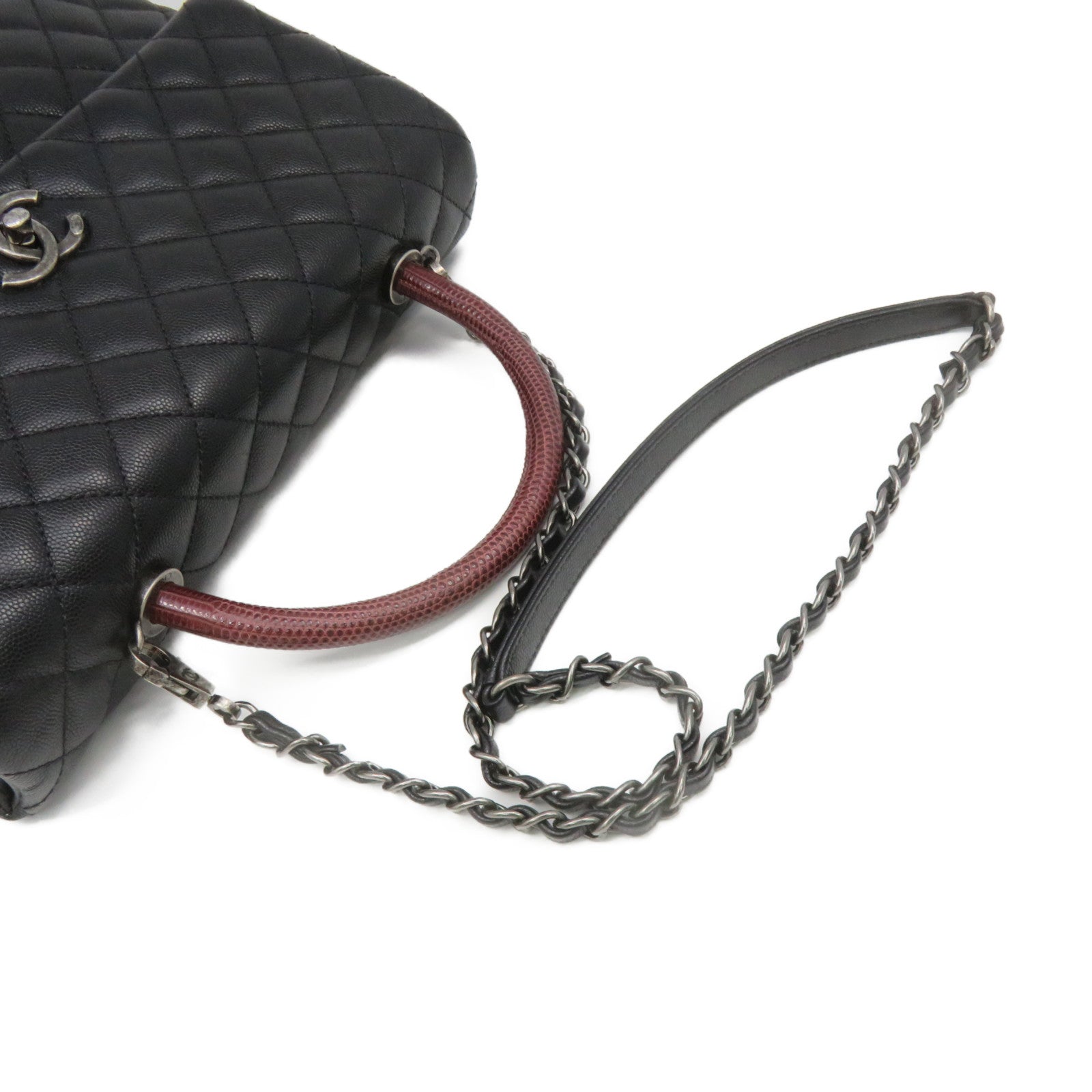 CHANEL Caviar皮革/蜥蝪皮革Coco Handle Large 2Way Shoulder Bag银扣链带手挽肩背两用袋黑色