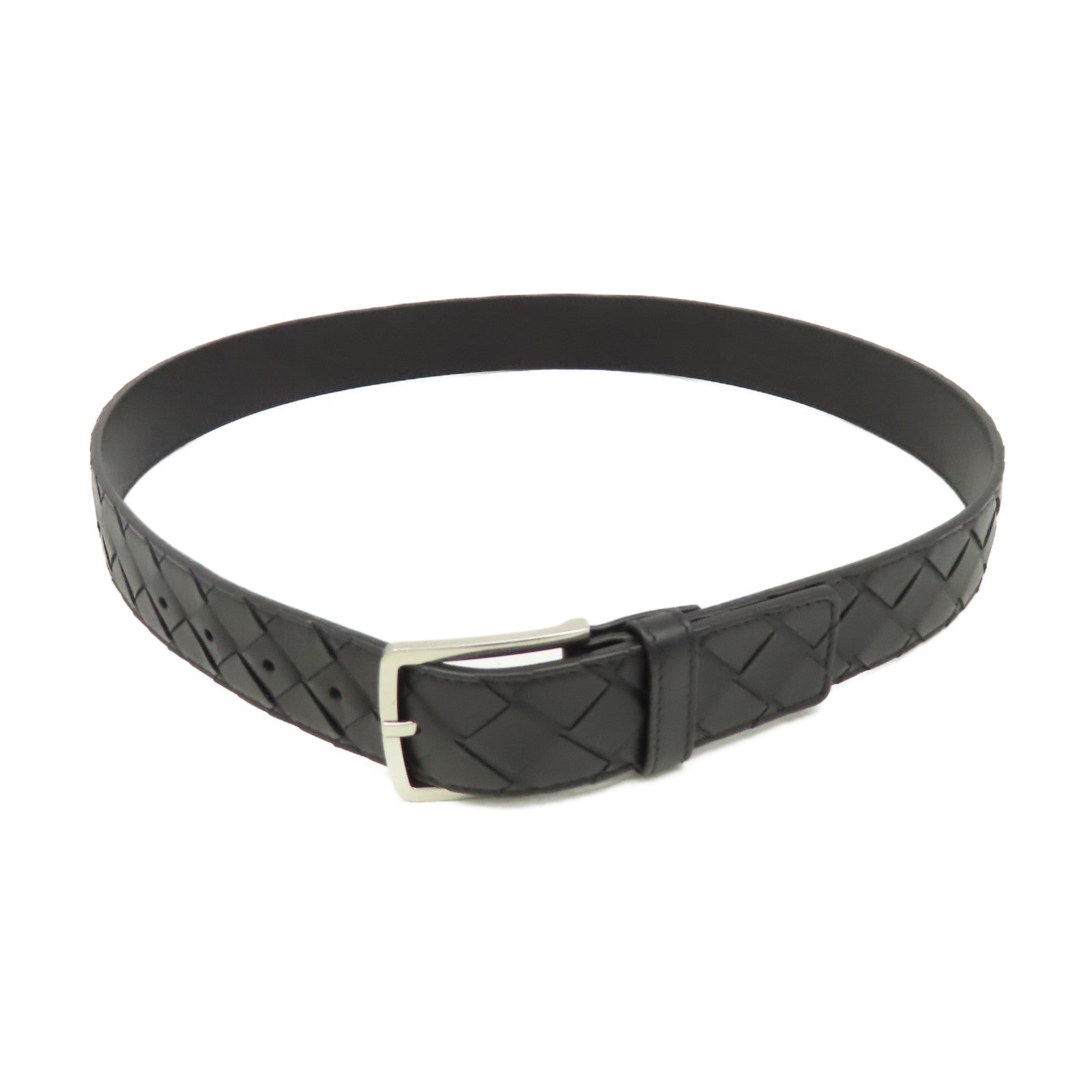 BOTTEGA VENETA 織紋皮革Belt 85cm銀扣皮帶黑色