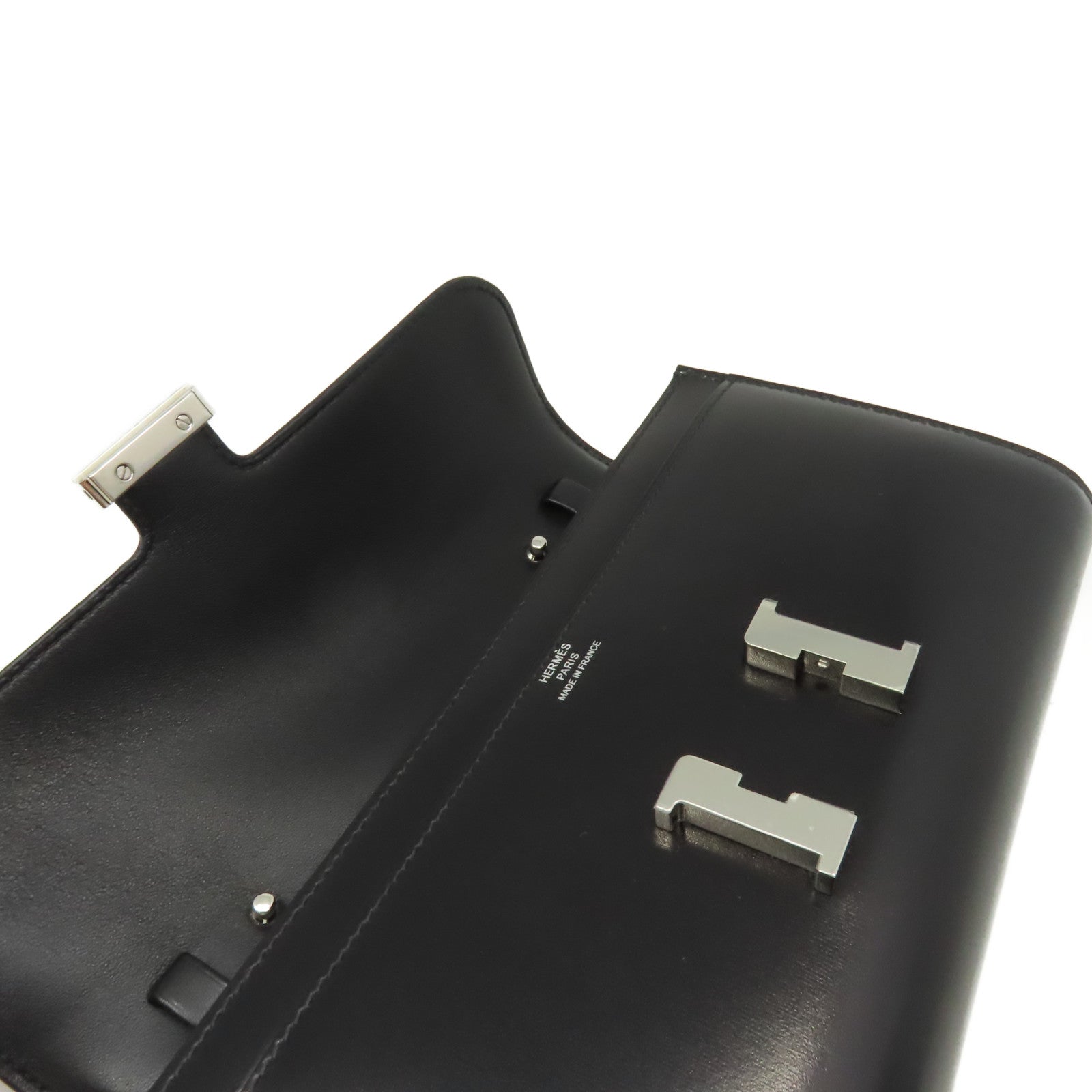 HERMES Box Calf皮革Constance To Go Clutch Shoulder Bag銀扣手拿肩背兩用袋Noir黑色