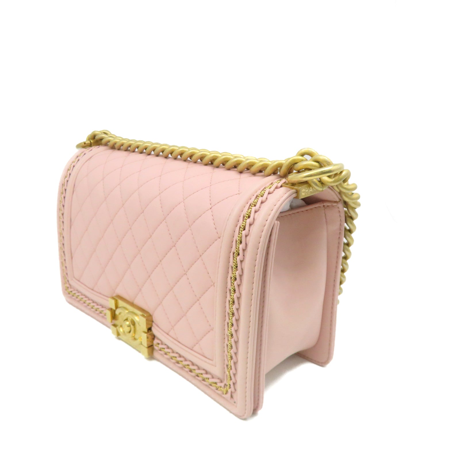 CHANEL 【激減優惠】菱格羊皮皮革Boy Chanel 25cm金扣鏈帶肩背袋粉紅色
