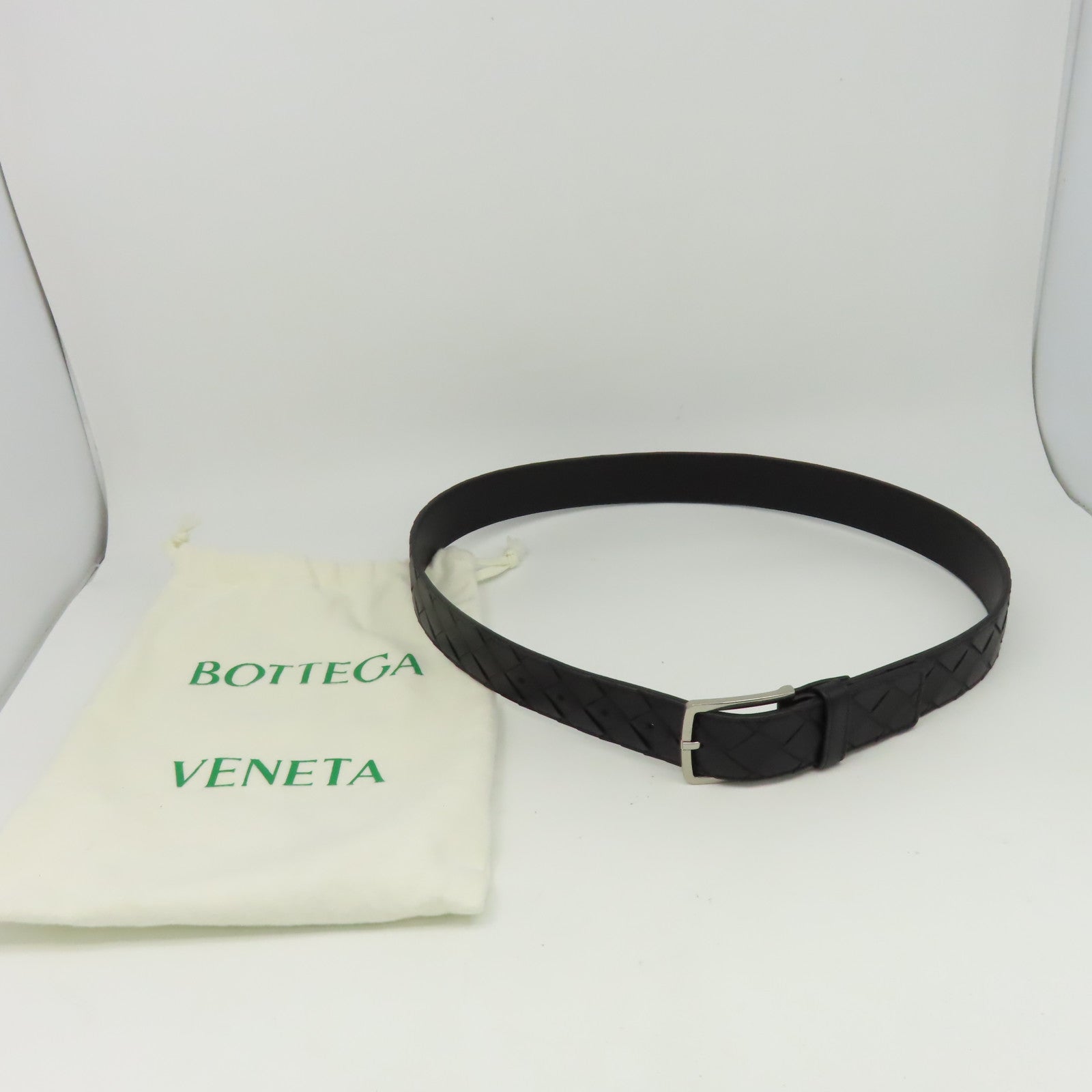 BOTTEGA VENETA 織紋皮革Belt 85cm銀扣皮帶黑色