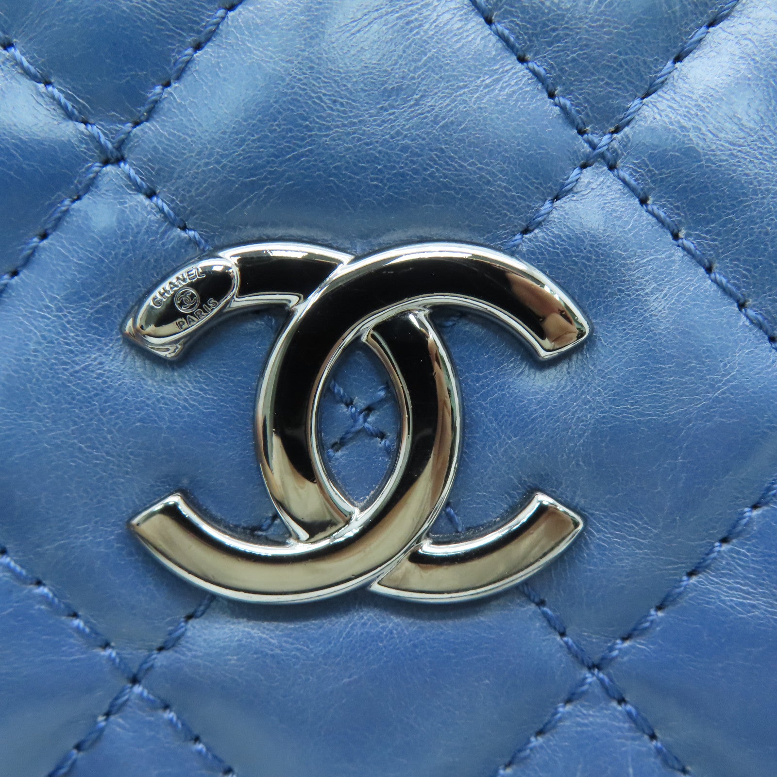 CHANEL 【激減優惠】菱格牛皮皮革Chain Shoulder銀扣肩背袋藍色