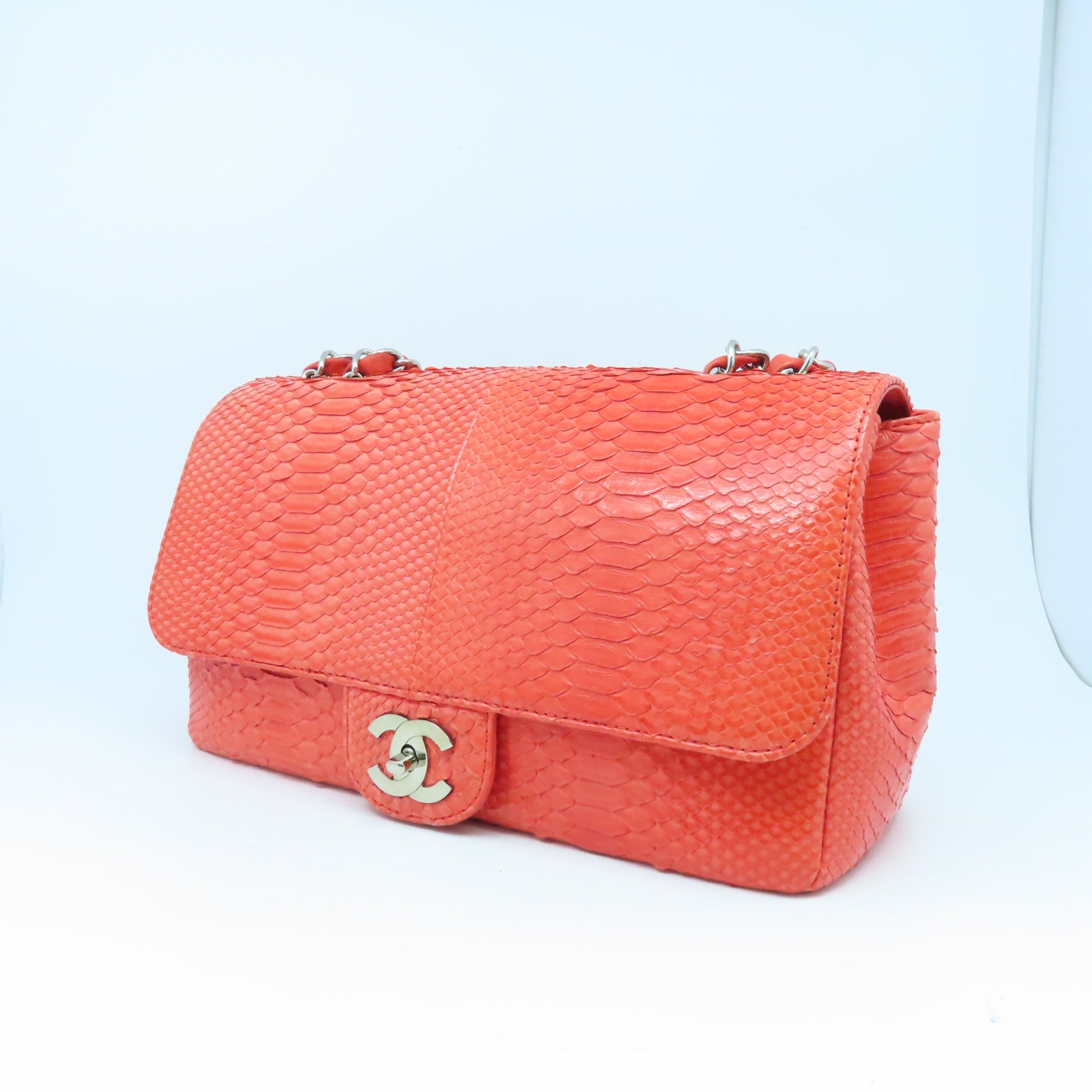 CHANEL 蛇皮皮革Chain Shoulder Bag銀扣肩背袋紅色