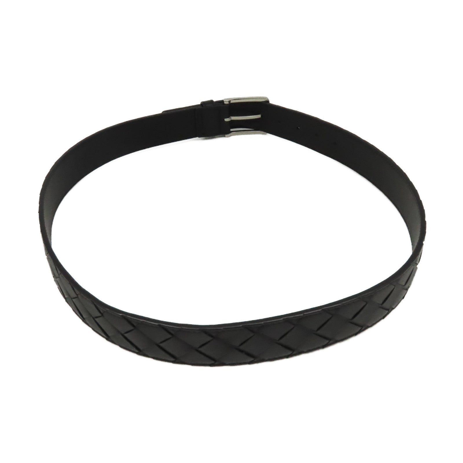 BOTTEGA VENETA 織紋皮革Belt 85cm銀扣皮帶黑色