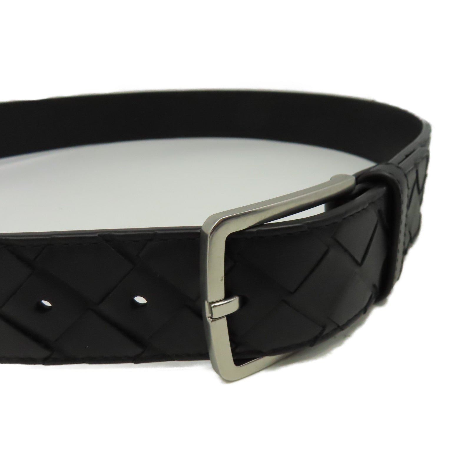 BOTTEGA VENETA 織紋皮革Belt 85cm銀扣皮帶黑色