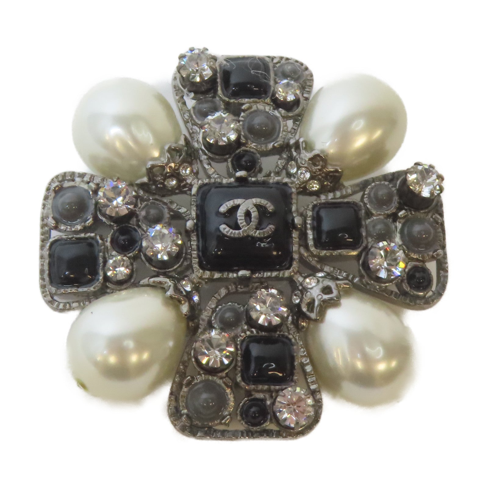 CHANEL 金屬/仿珍珠Brooch銀扣胸針黑色/銀色/白色