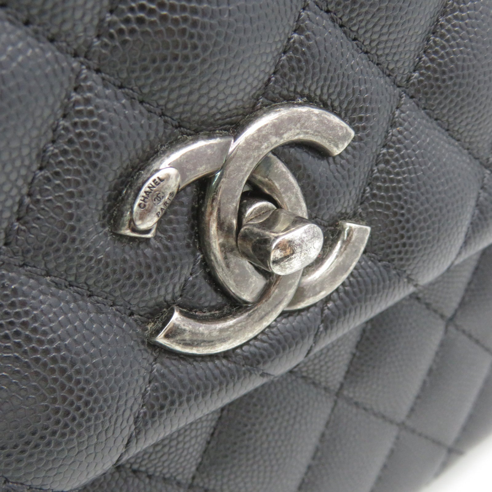 CHANEL Caviar皮革/蜥蝪皮革Coco Handle Large 2Way Shoulder Bag银扣链带手挽肩背两用袋黑色