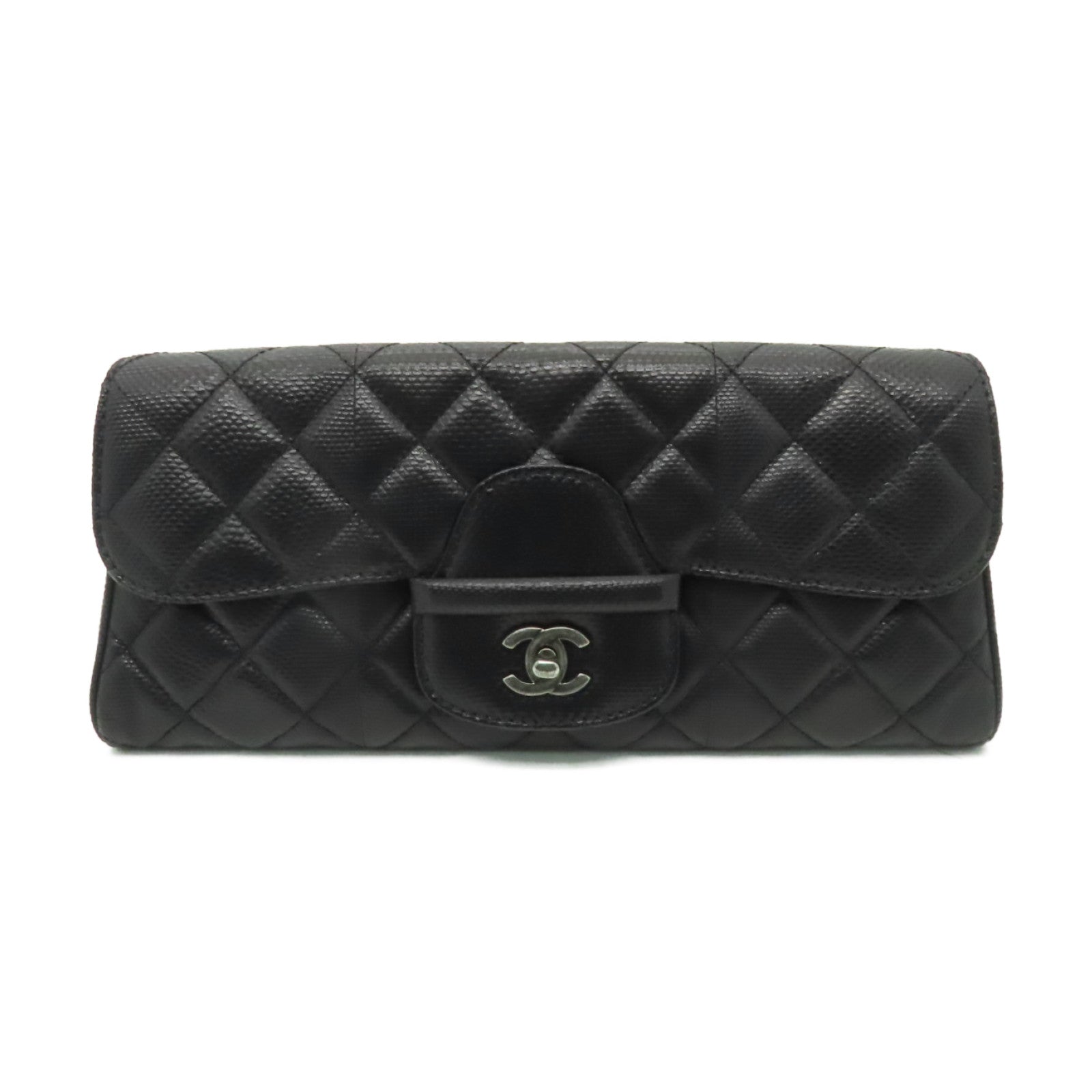 CHANEL 菱格蛇皮皮革Clutch銀扣手拿包黑色