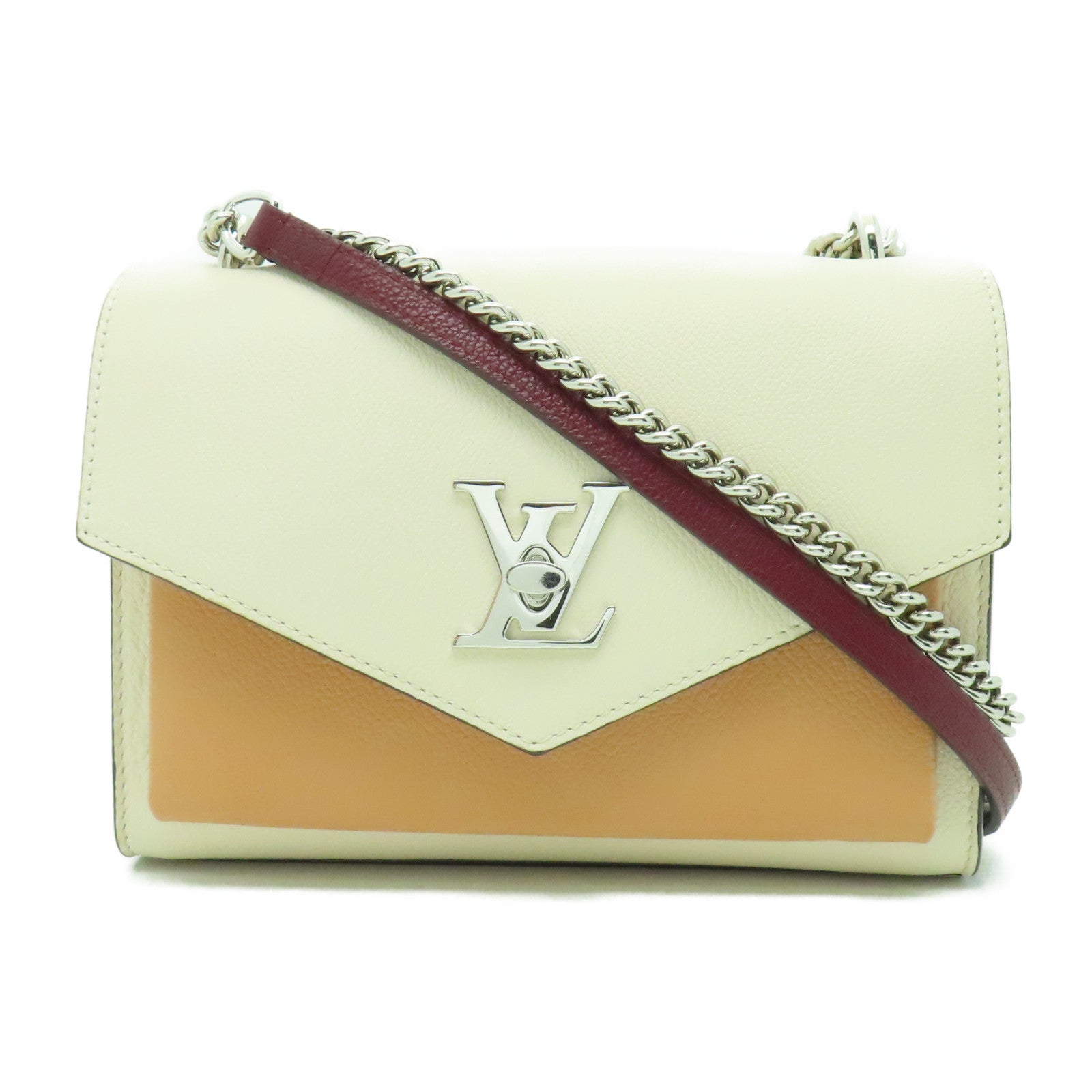 LOUIS VUITTON 牛皮皮革Mylockme BB銀扣肩背袋米色/紅色