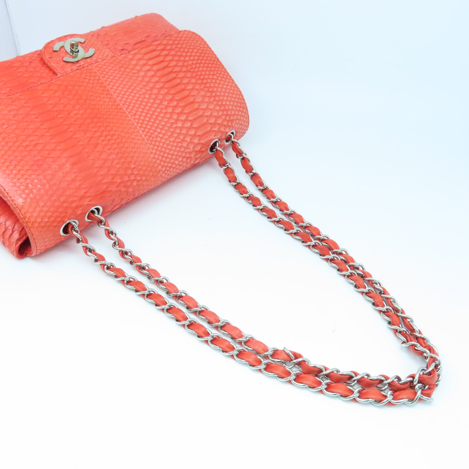 CHANEL 蛇皮皮革Chain Shoulder Bag銀扣肩背袋紅色