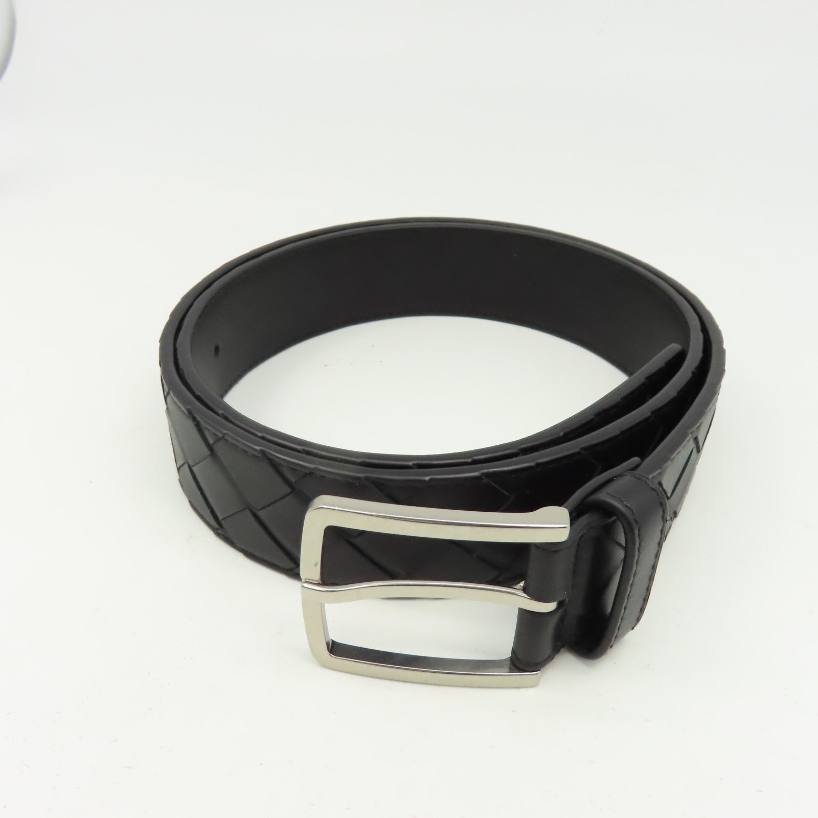 BOTTEGA VENETA 織紋皮革Belt 85cm銀扣皮帶黑色