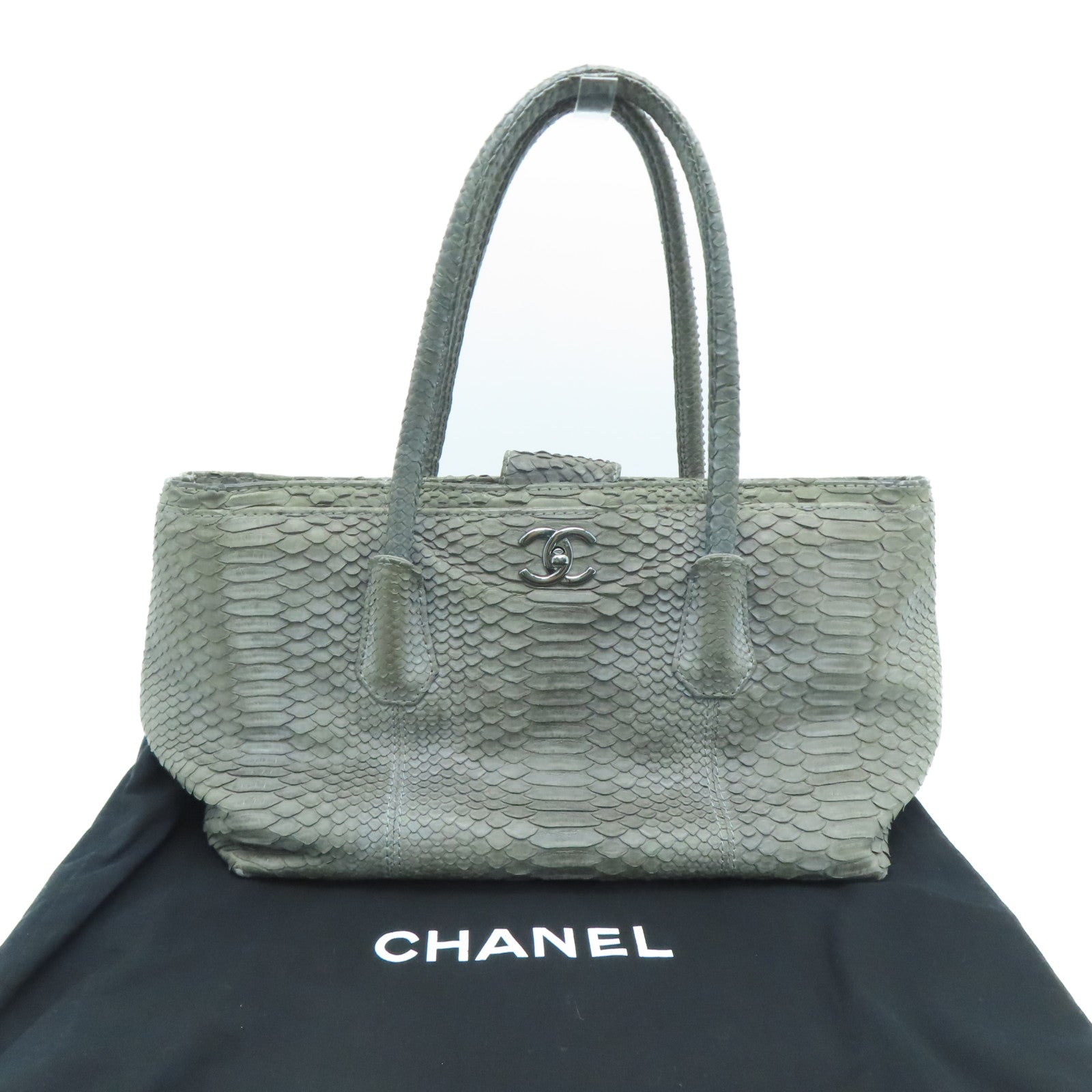CHANEL [Sharp Discount] Snakeskin Leather Hand Bag Silver Buckle Hand Bag Gray