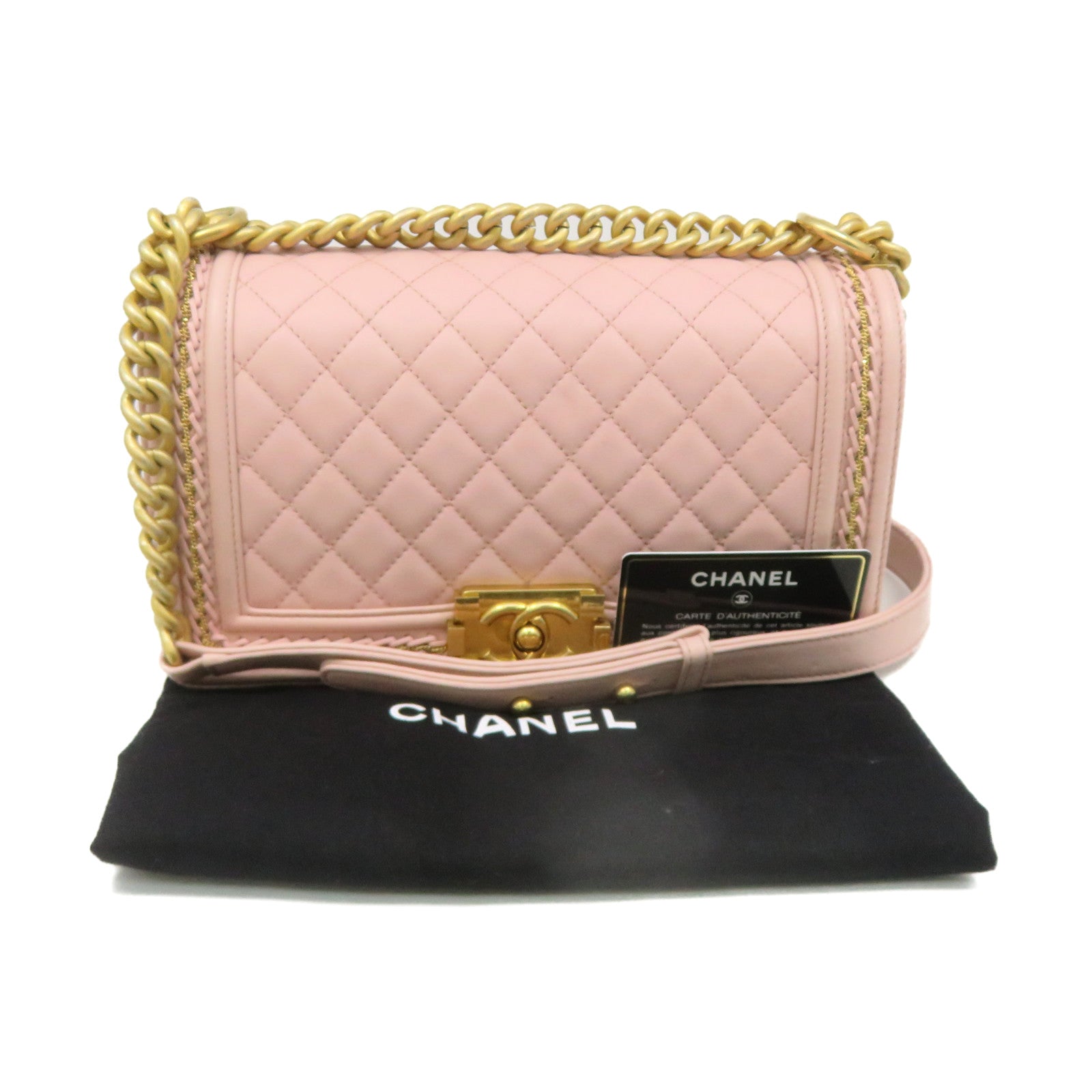 CHANEL 【激減優惠】菱格羊皮皮革Boy Chanel 25cm金扣鏈帶肩背袋粉紅色