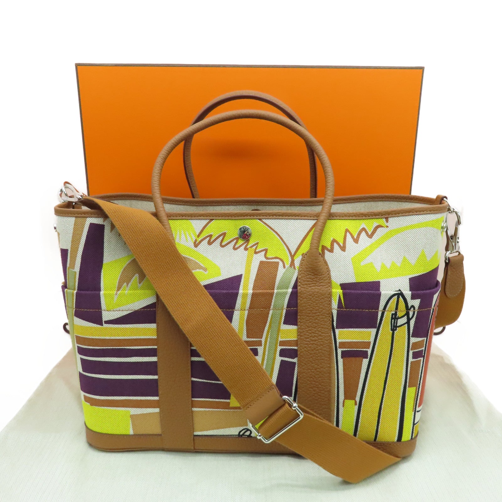 HERMES 帆布Garden Party 36银扣手挽袋Gold米色