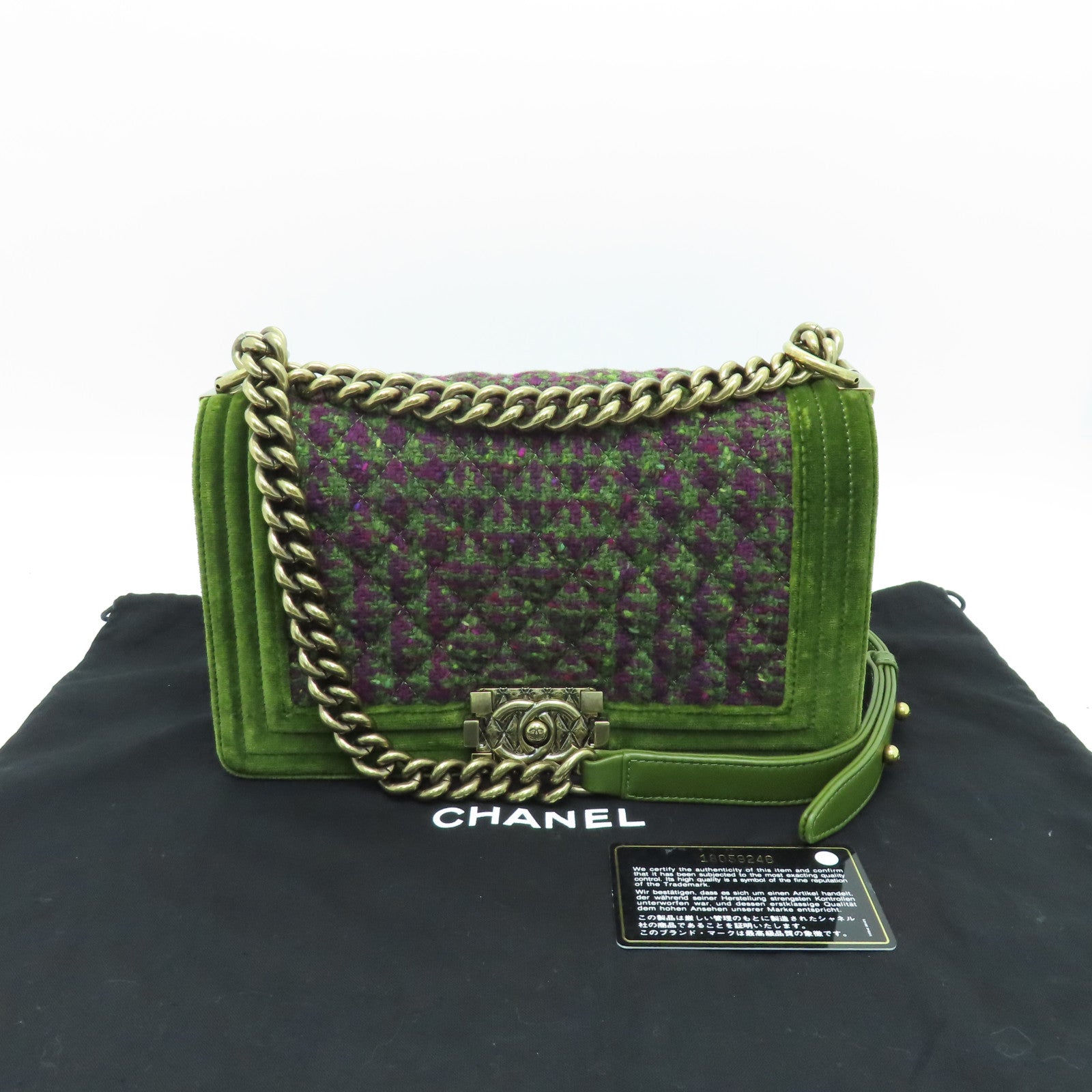 CHANEL tweed Shoulder Bag gold buckle chain shoulder bag green