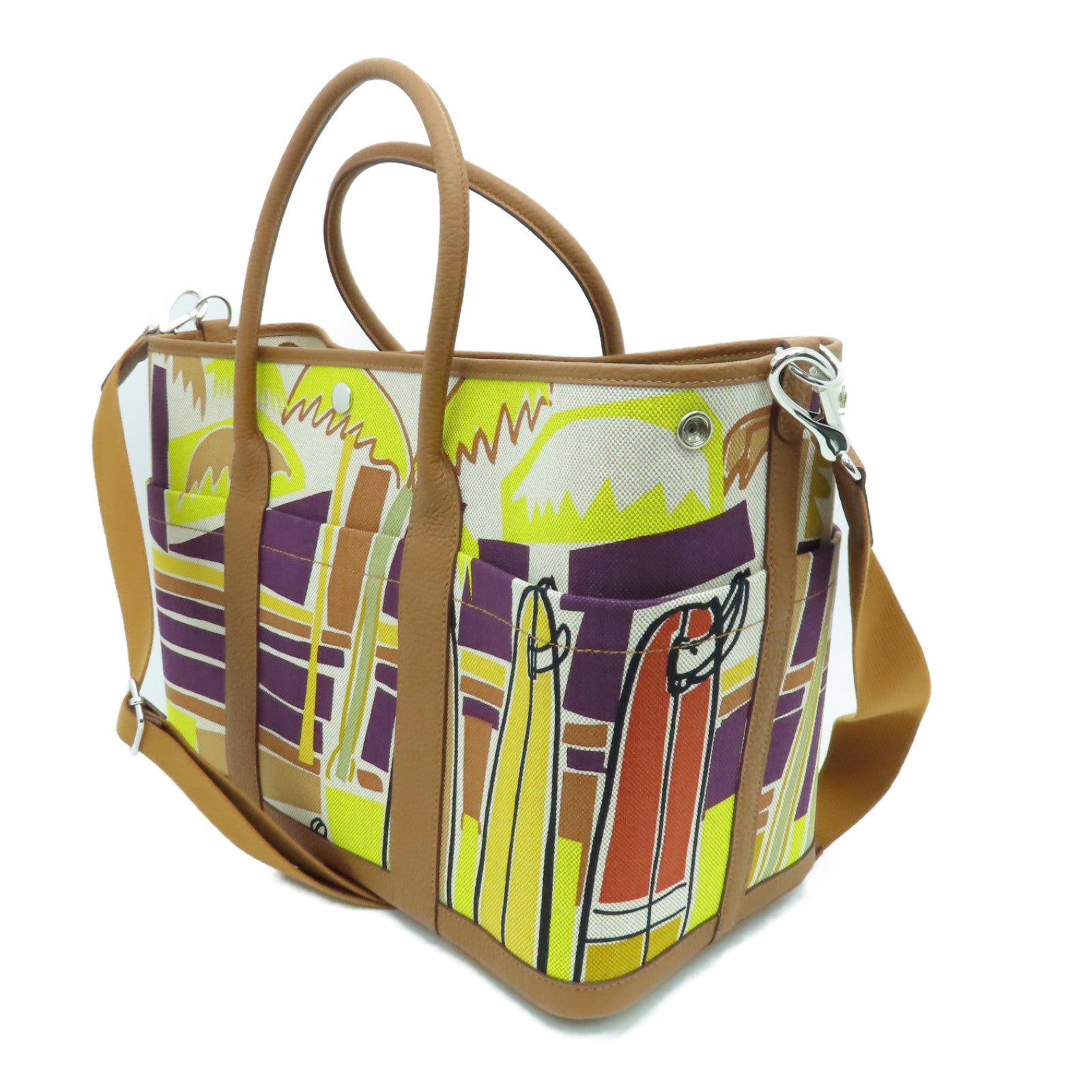 HERMES 帆布Garden Party 36银扣手挽袋Gold米色