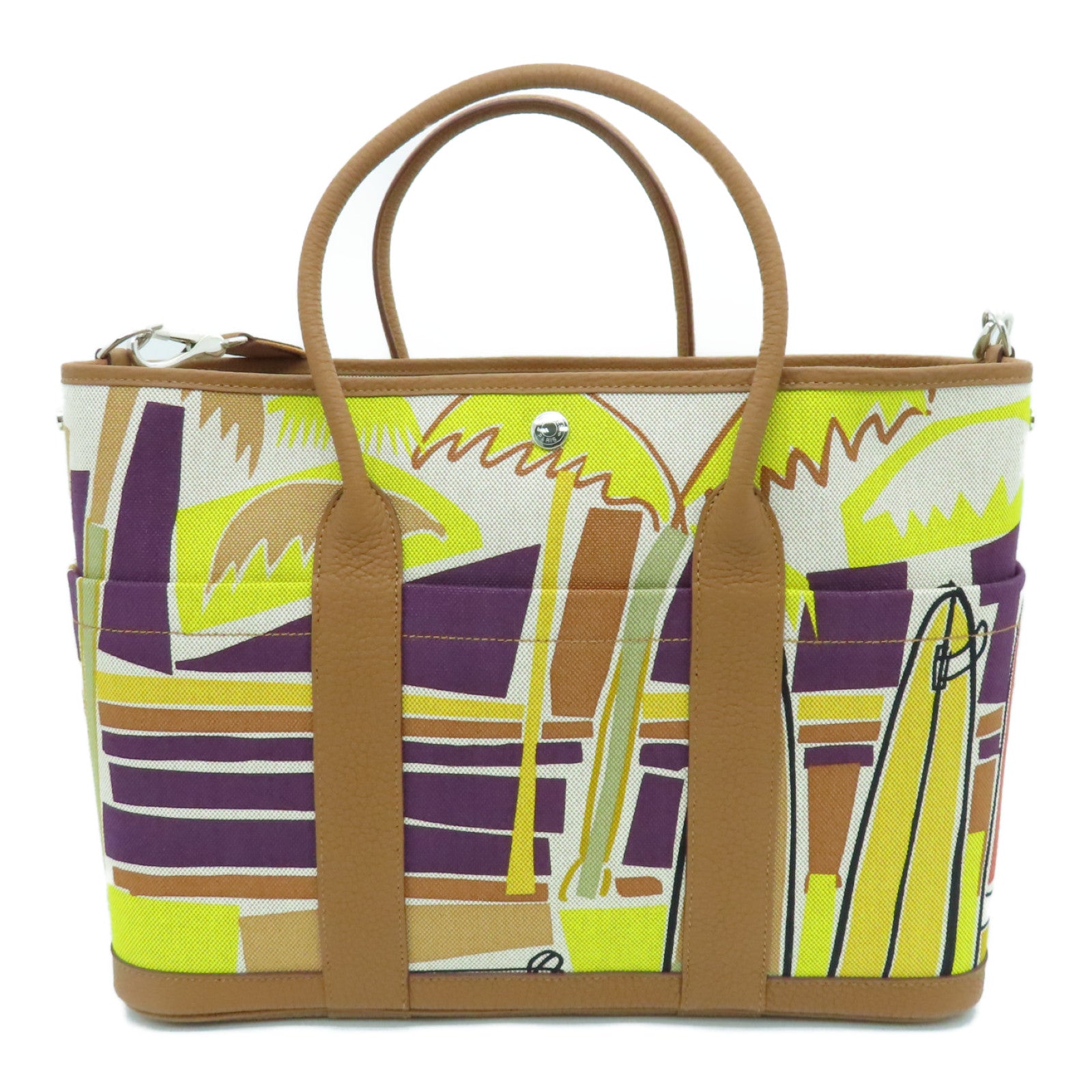HERMES 帆布Garden Party 36银扣手挽袋Gold米色